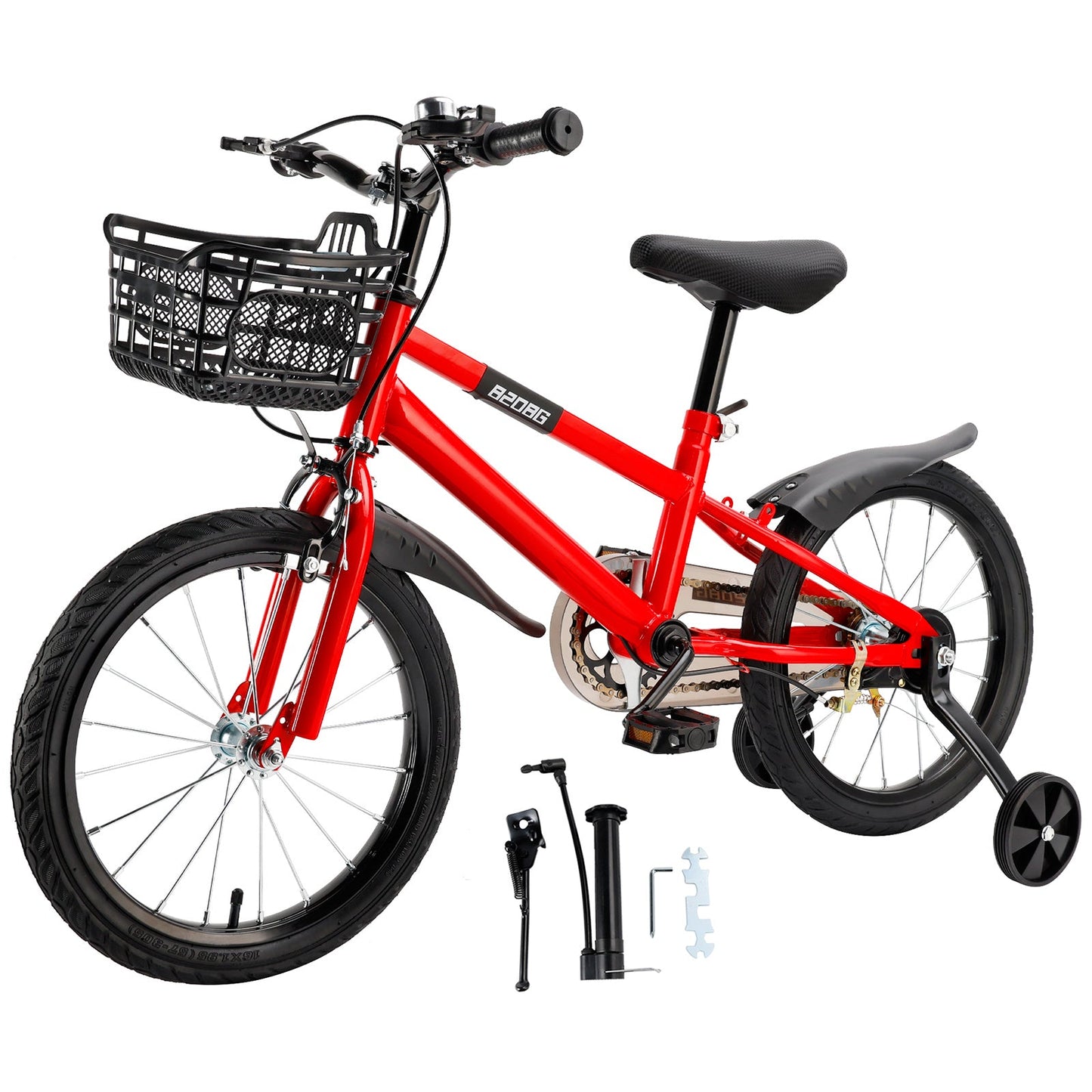 16 inch Children Bicycle w/ Training Wheels Basket Kickstand Red