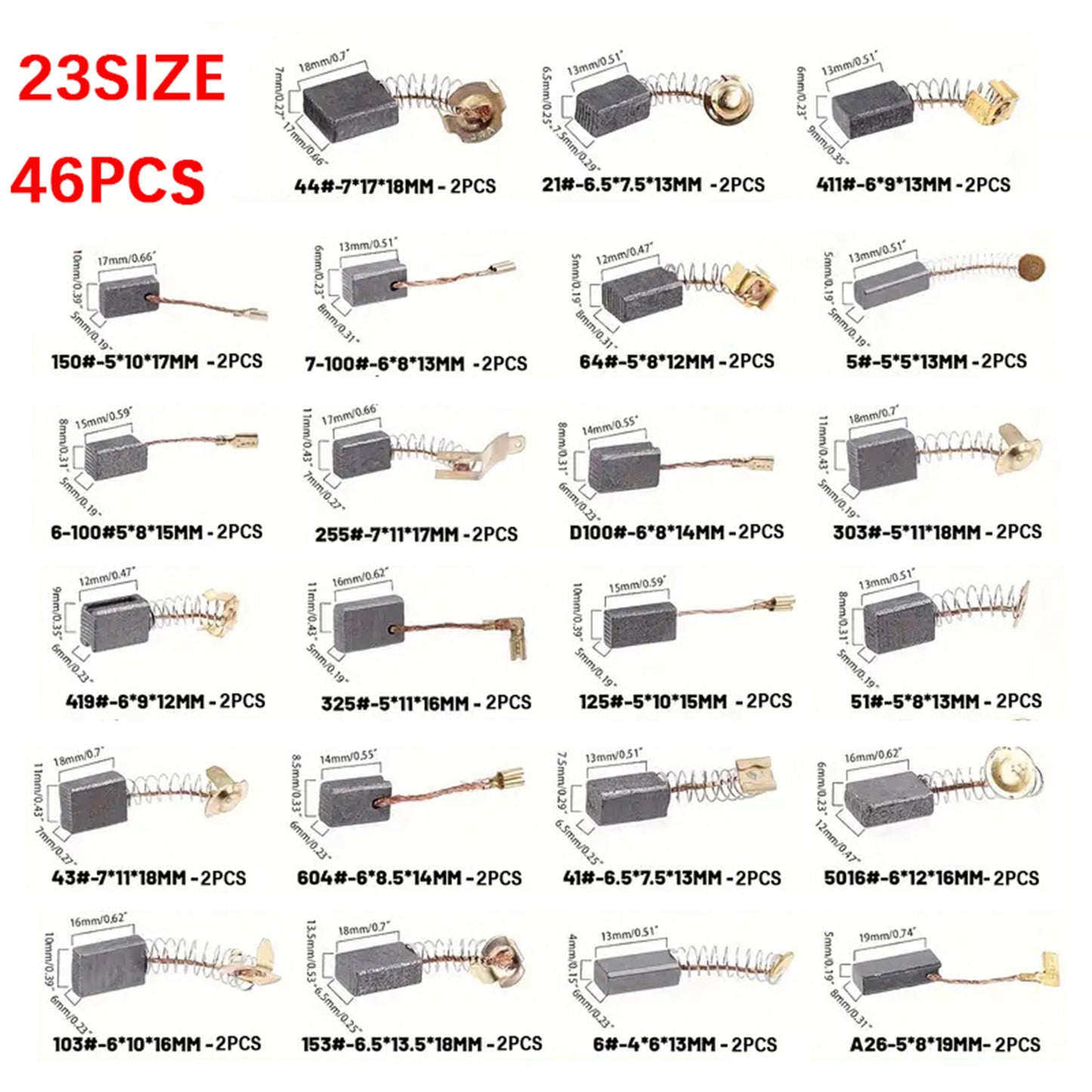 46Pcs Electric Motor Carbon Brushes 23 Sizes Replacement Repair Power Tool Part
