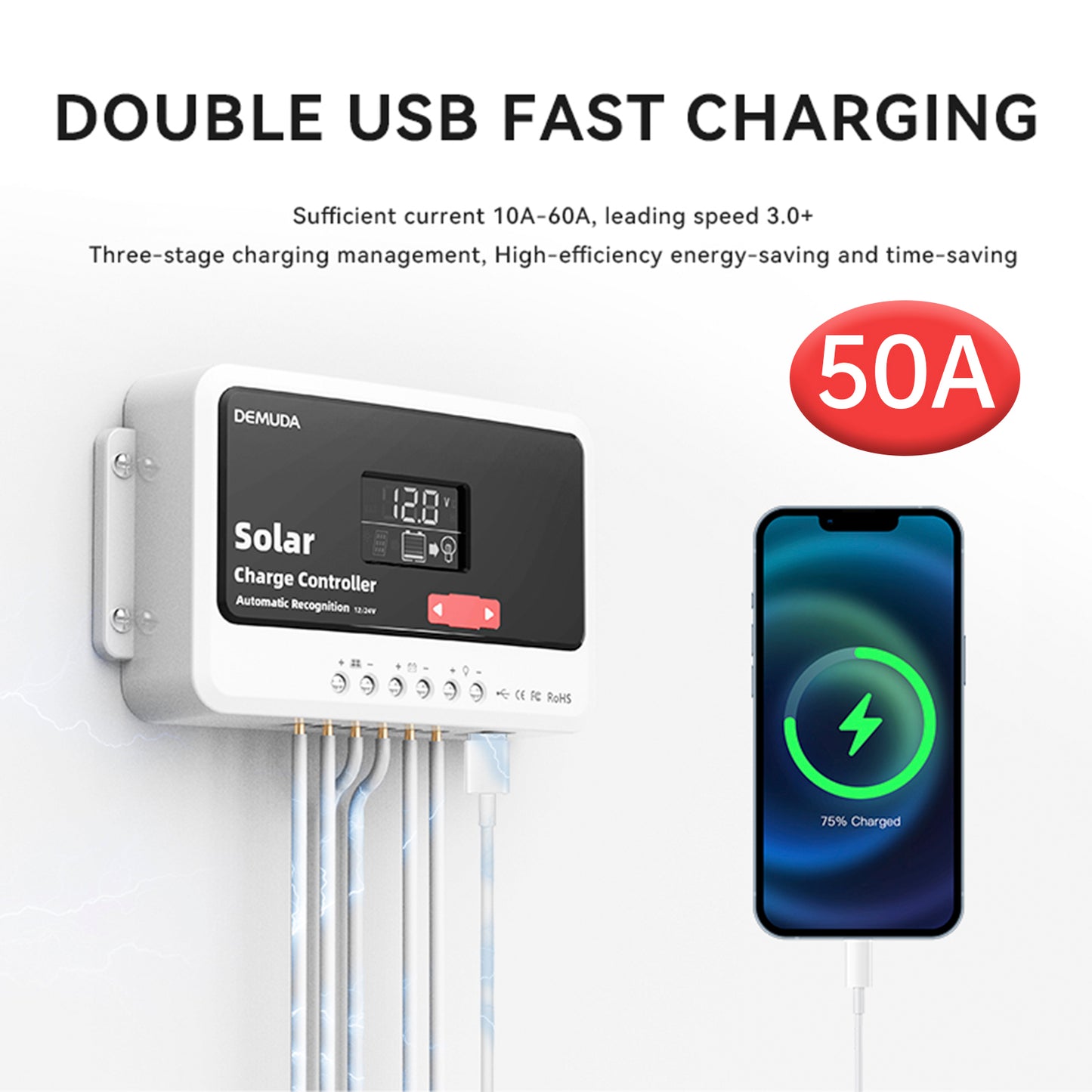 12V24V48V 50A PWM Solar Controller Automatic Solar Controller Lead-Acid Battery