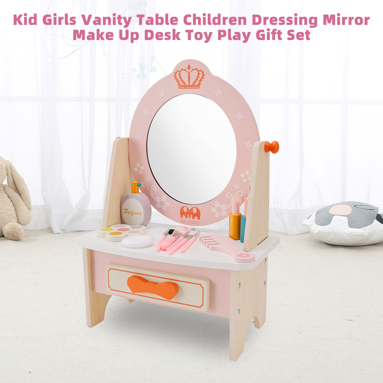 Kid Girls Vanity Table Children Dressing Mirror Make Up Desk Toy Play Gift Set