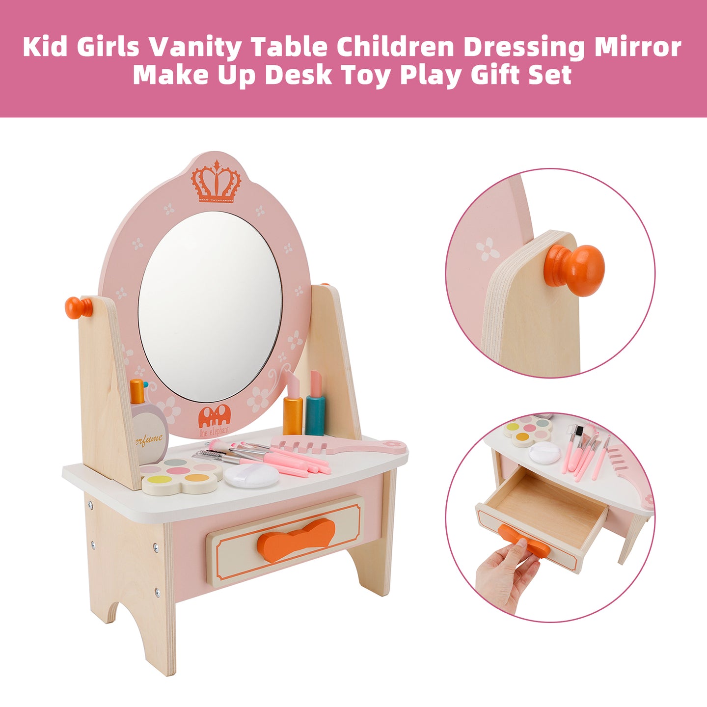 Kid Girls Vanity Table Children Dressing Mirror Make Up Desk Toy Play Gift Set