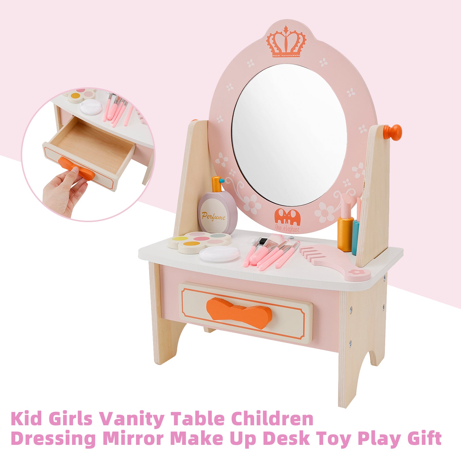 Kid Girls Vanity Table Children Dressing Mirror Make Up Desk Toy Play Gift Set