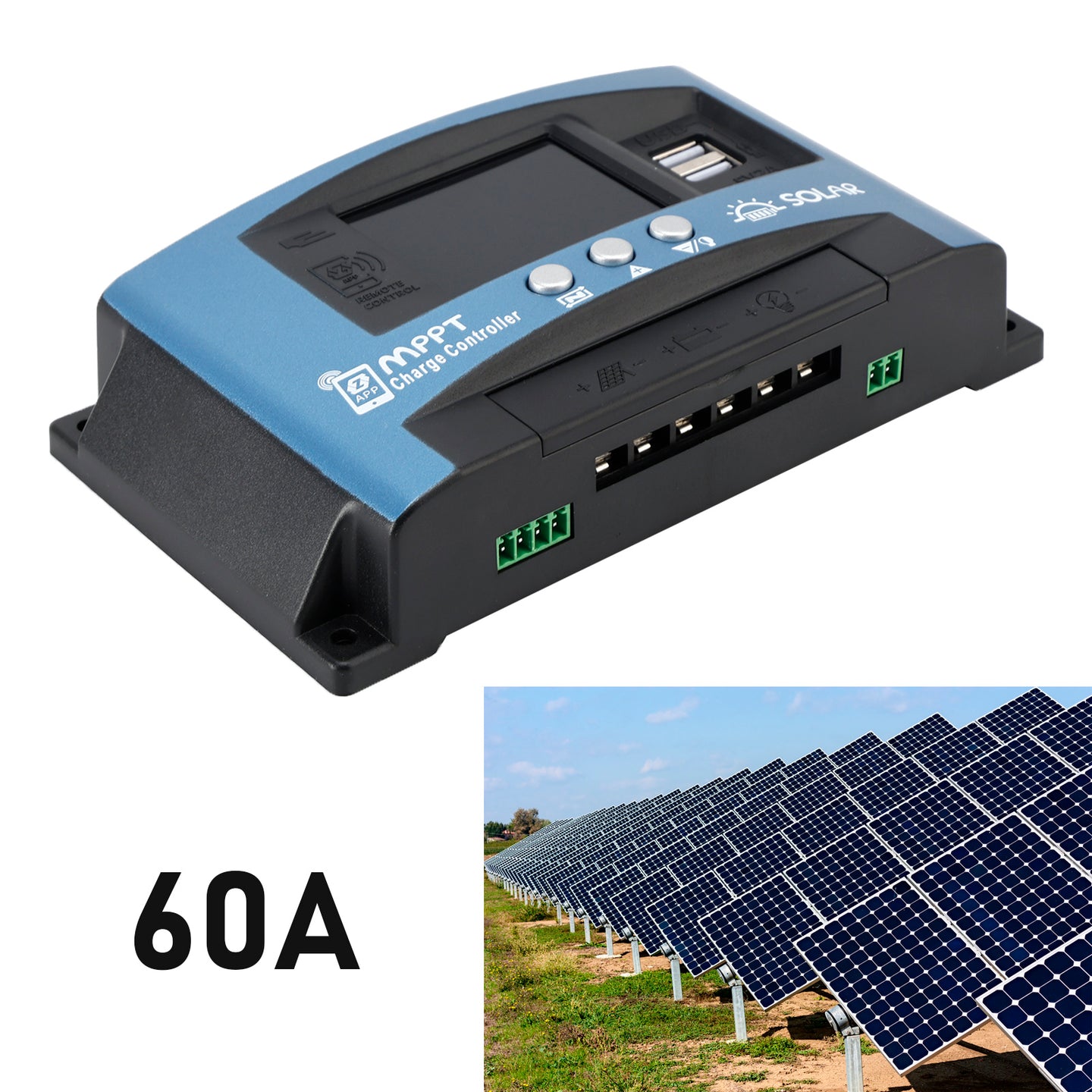 60A MPPT Solar Controller Bluetooth Temperature Monitoring Charging 12V~60V