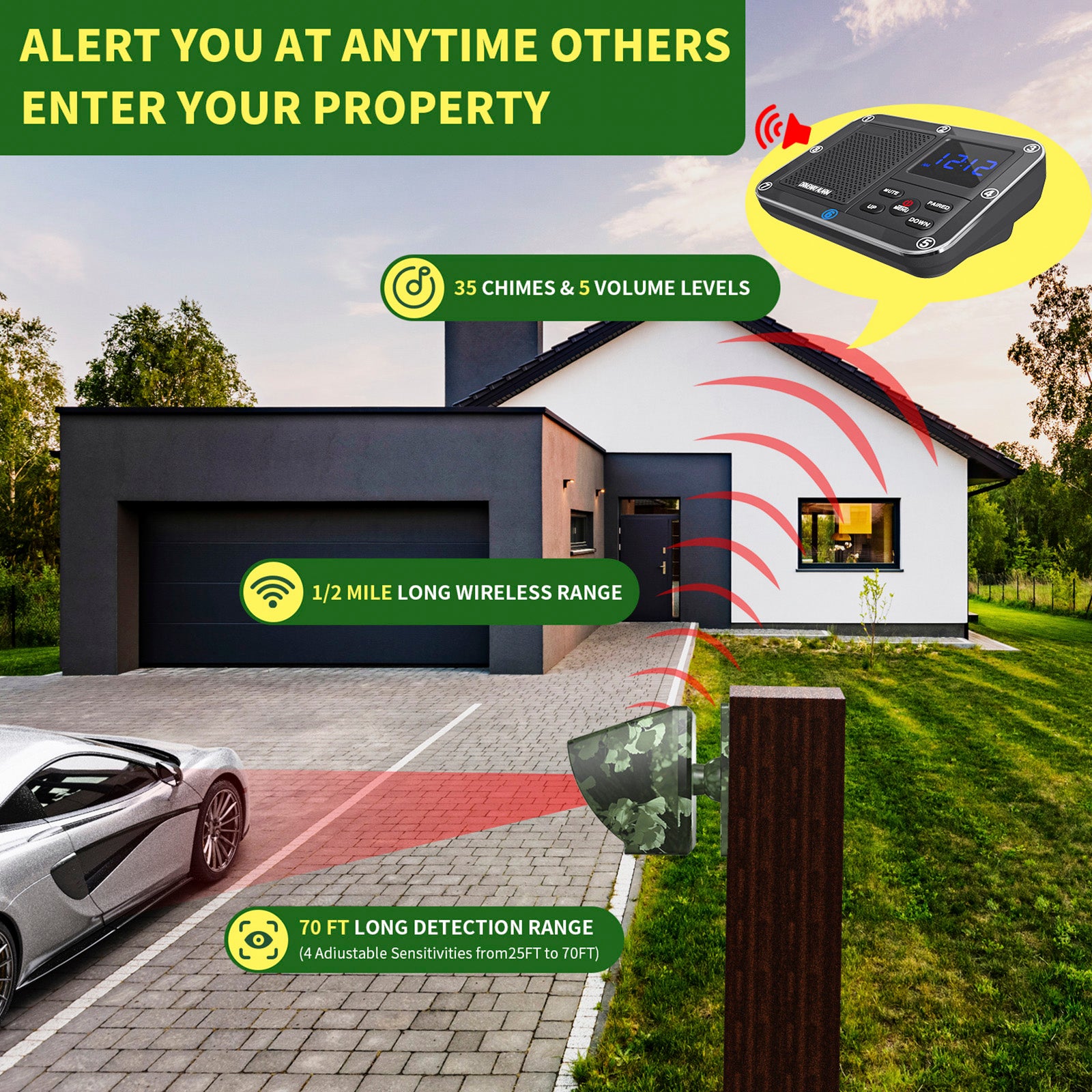 2600 feet Solar Outdoor Infrared Powered Driveway Alarms Wireless Motion Sensors