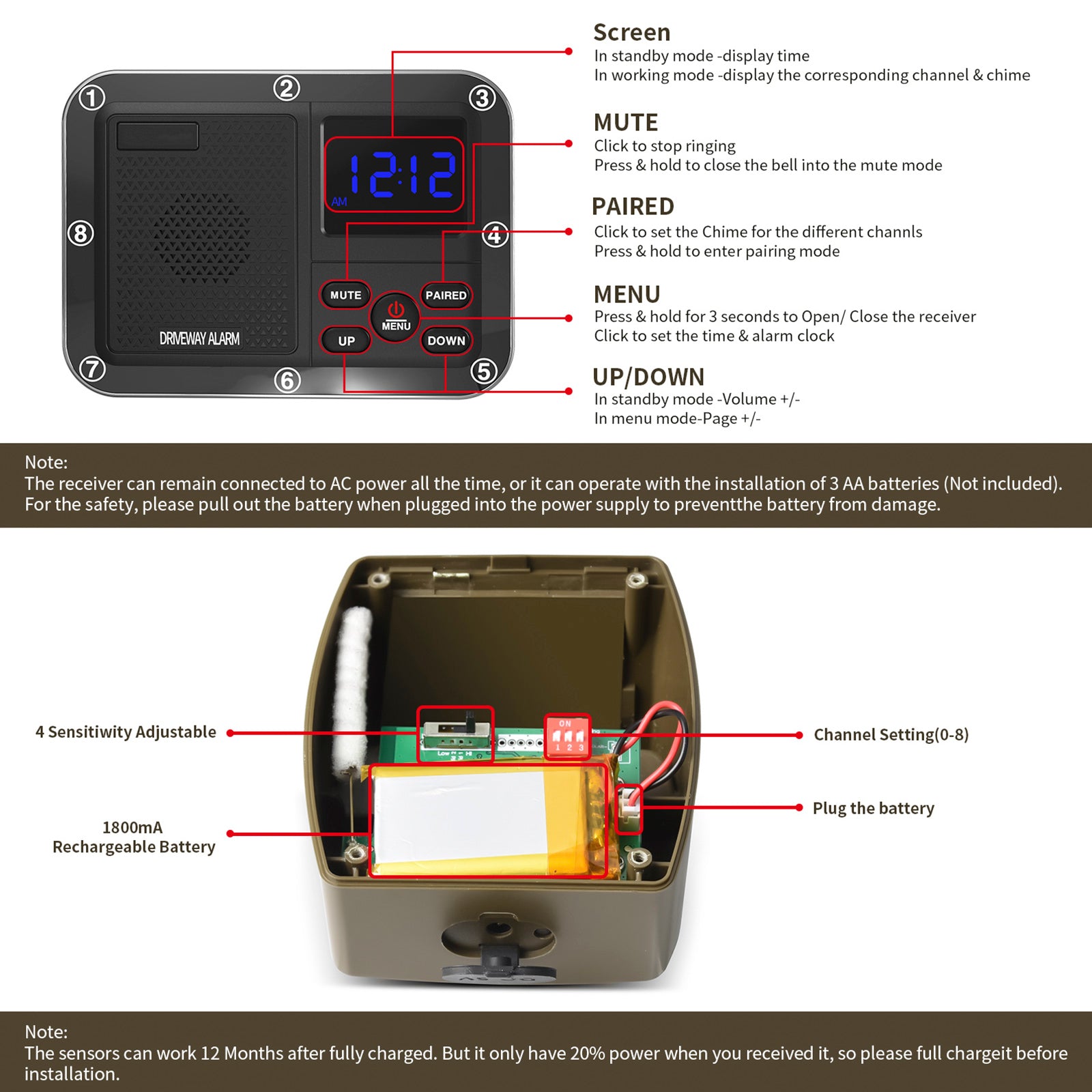 2600 feet Solar Outdoor Infrared Powered Driveway Alarms Wireless Motion Sensors