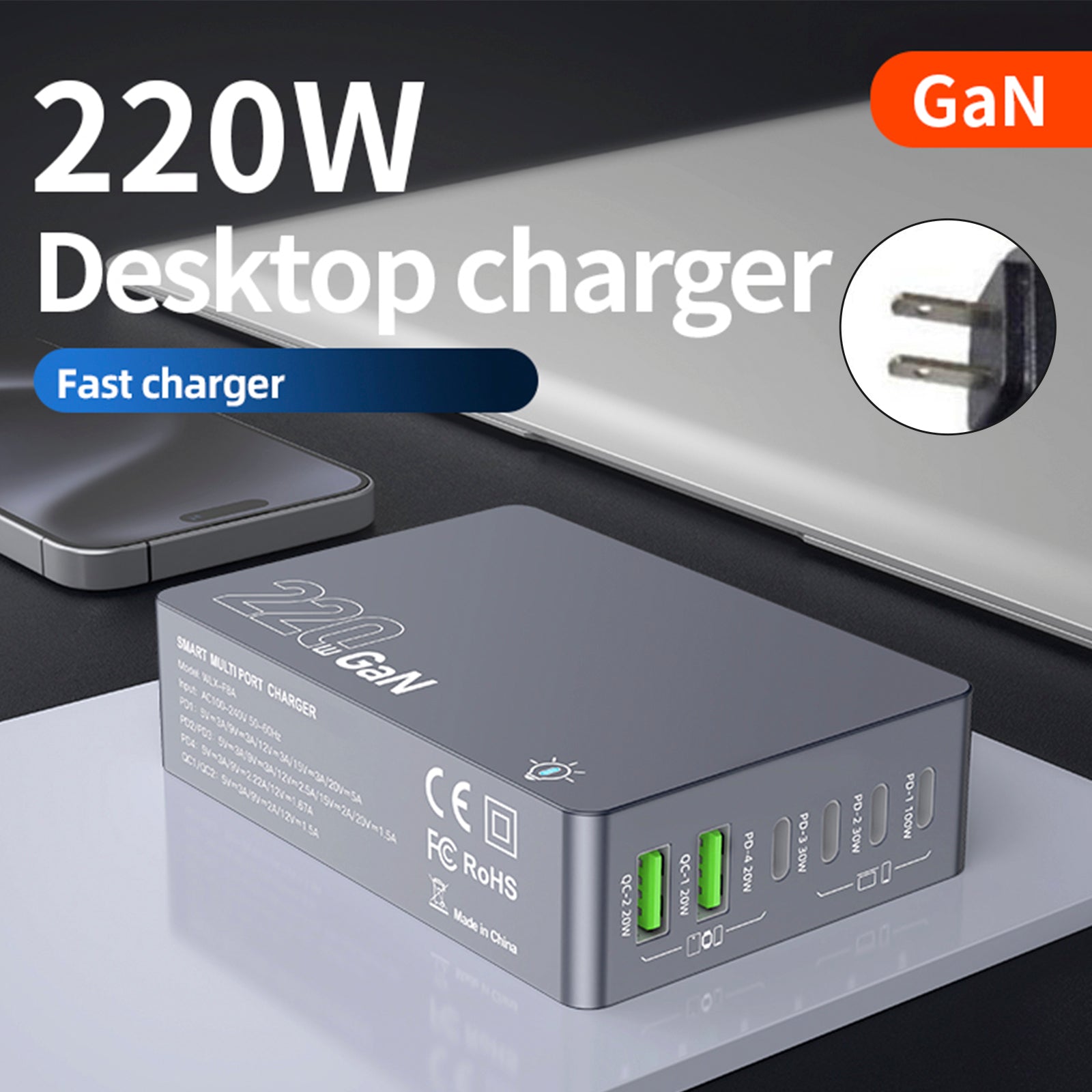 6-in-1 Wireless Charging Station Charger Clock LED Digital Display Alarm Clock