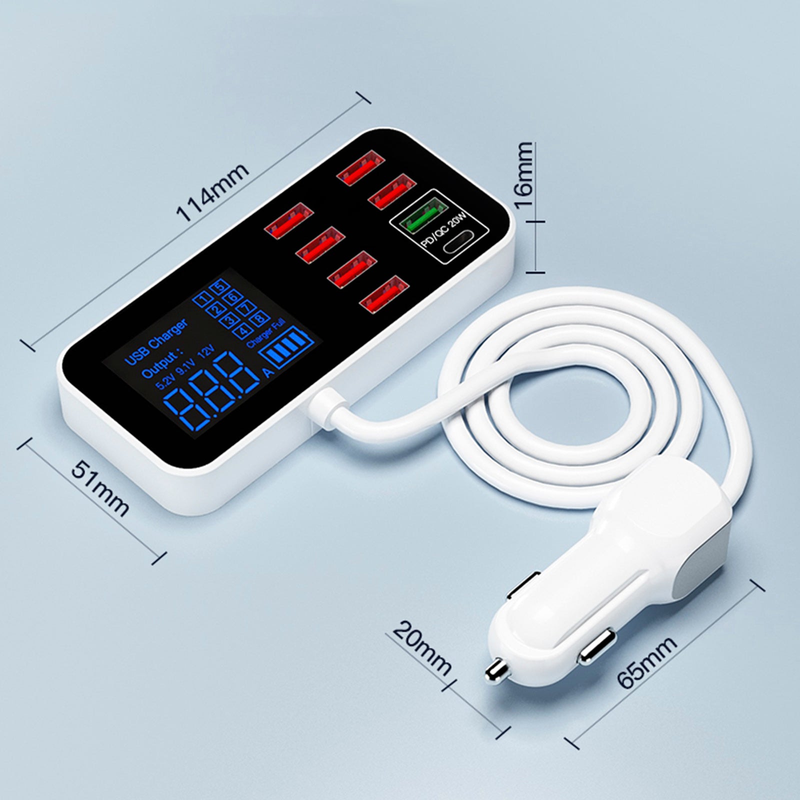 USB Charger PD5V1A QC3.0 Display Small Car 8 Port Car Charger Cigarette Lighter