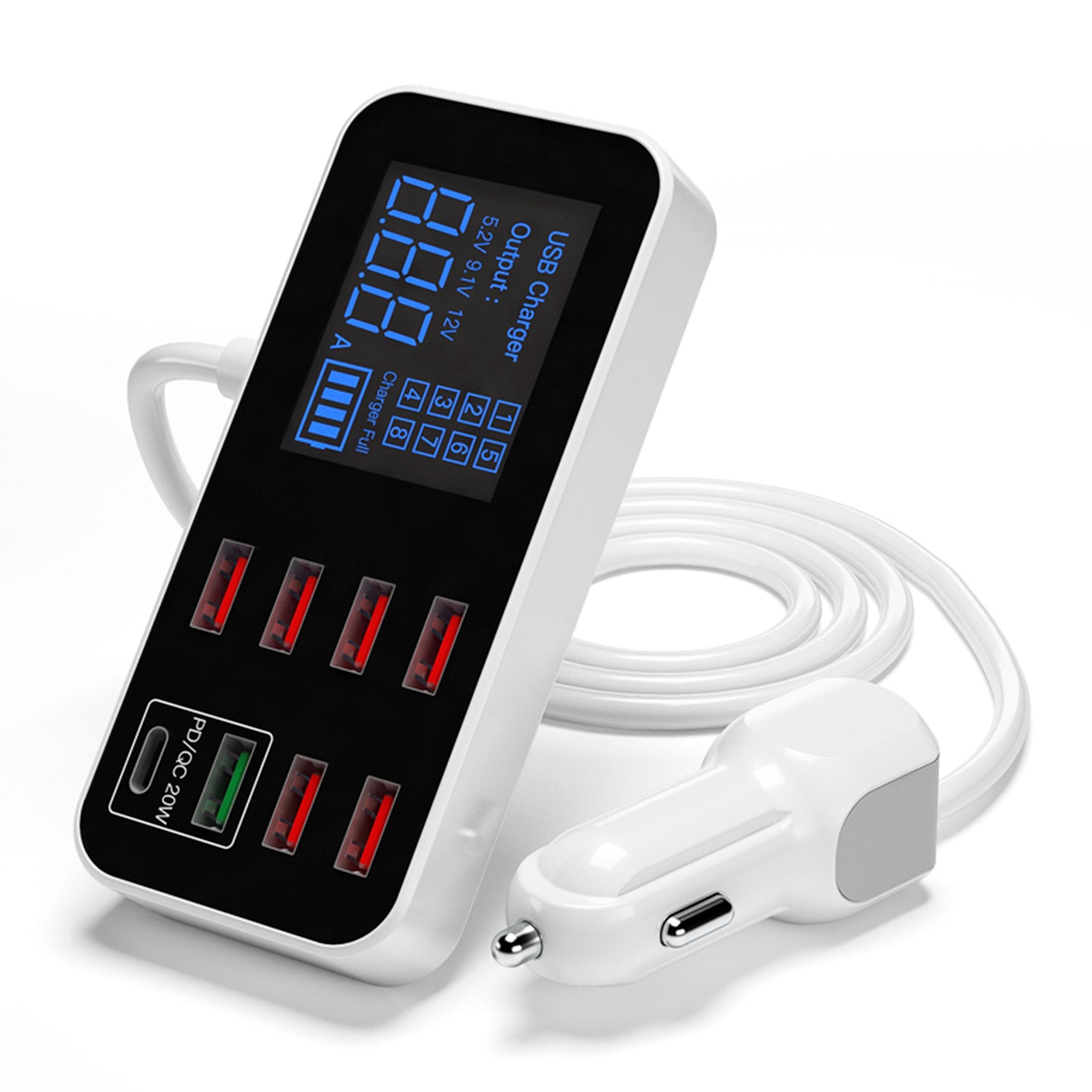 USB Charger PD5V1A QC3.0 Display Small Car 8 Port Car Charger Cigarette Lighter