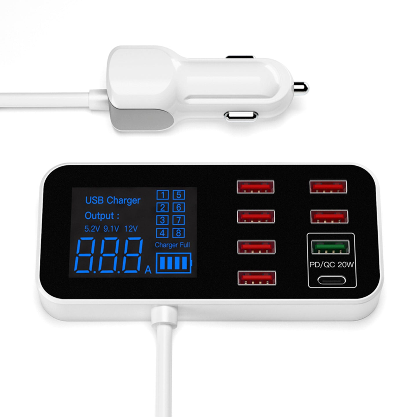 USB Charger PD5V1A QC3.0 Display Small Car 8 Port Car Charger Cigarette Lighter
