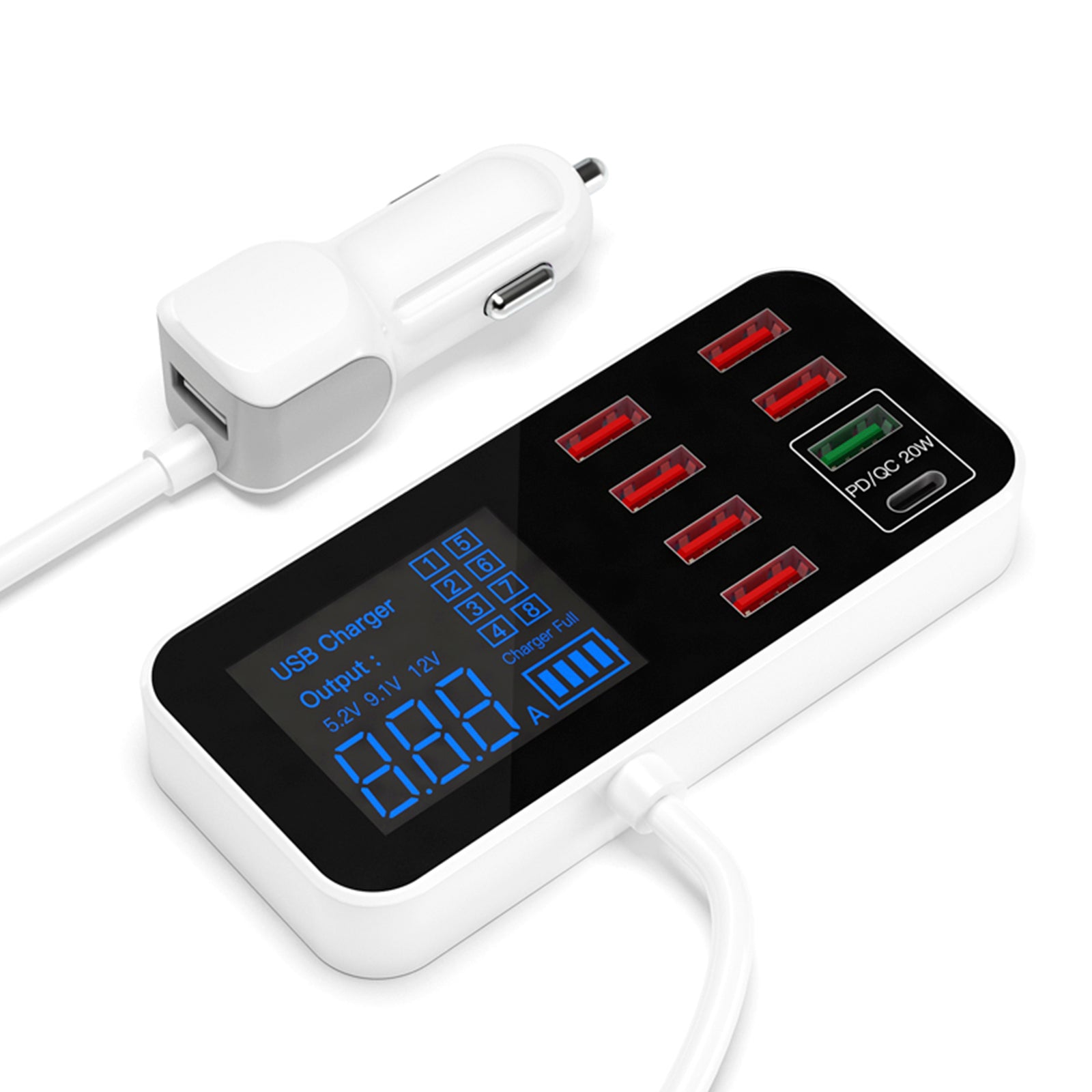 USB Charger PD5V1A QC3.0 Display Small Car 8 Port Car Charger Cigarette Lighter