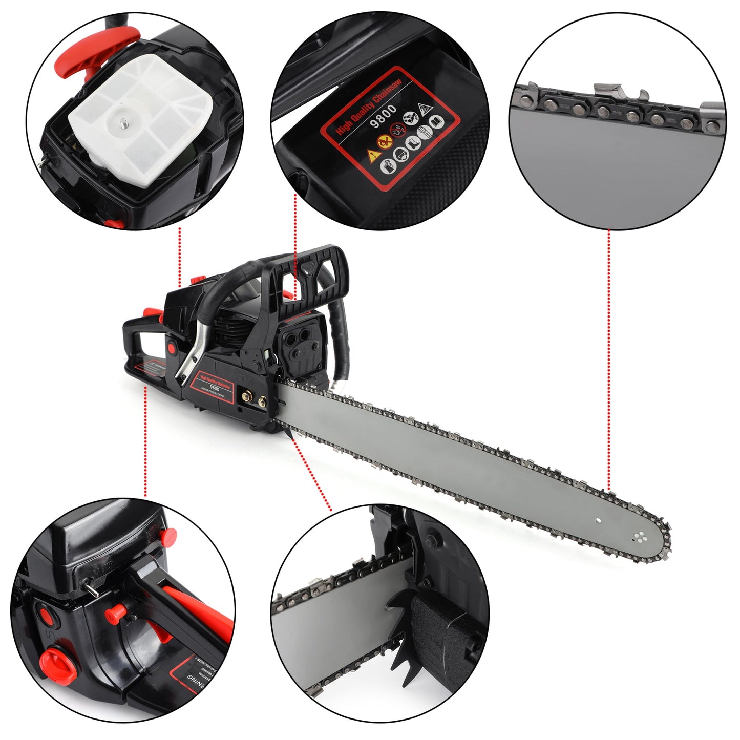 22inch Bar 62cc Chainsaw Powered Engine Gasoline Chain Saw Red & Black