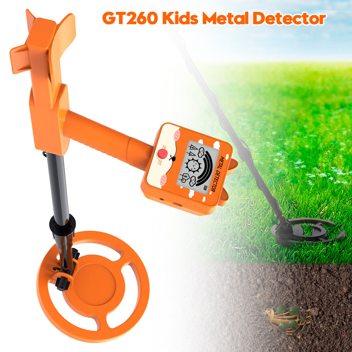 GT260 Kids Child Trasure Seeker Beginners Metal Detector Waterproof Coil Orange