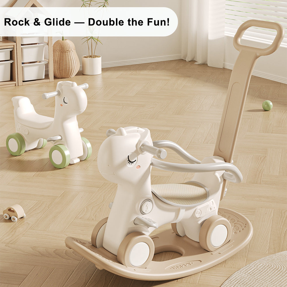 4-in-1 Baby Rocking Horse for Toddlers 1-3 Years ¨C Ride-On Toy with Detachable Balance Board,Push Rod,Guardrails & 4 Smooth Wheels,HDPE Material,80 lbs Weight Capacity with Sound Brown