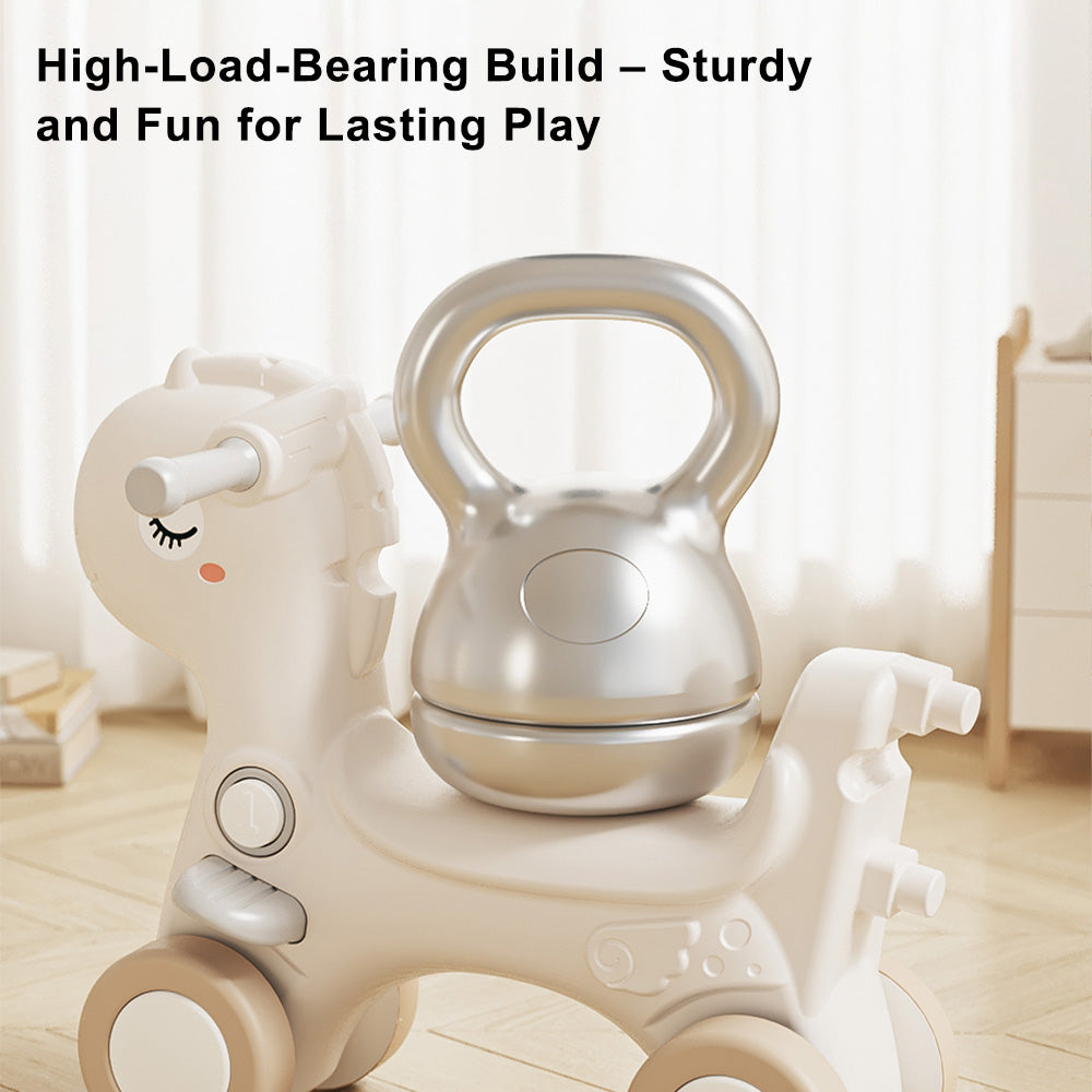 4-in-1 Baby Rocking Horse for Toddlers 1-3 Years ¨C Ride-On Toy with Detachable Balance Board,Push Rod,Guardrails & 4 Smooth Wheels,HDPE Material,80 lbs Weight Capacity with Sound Brown