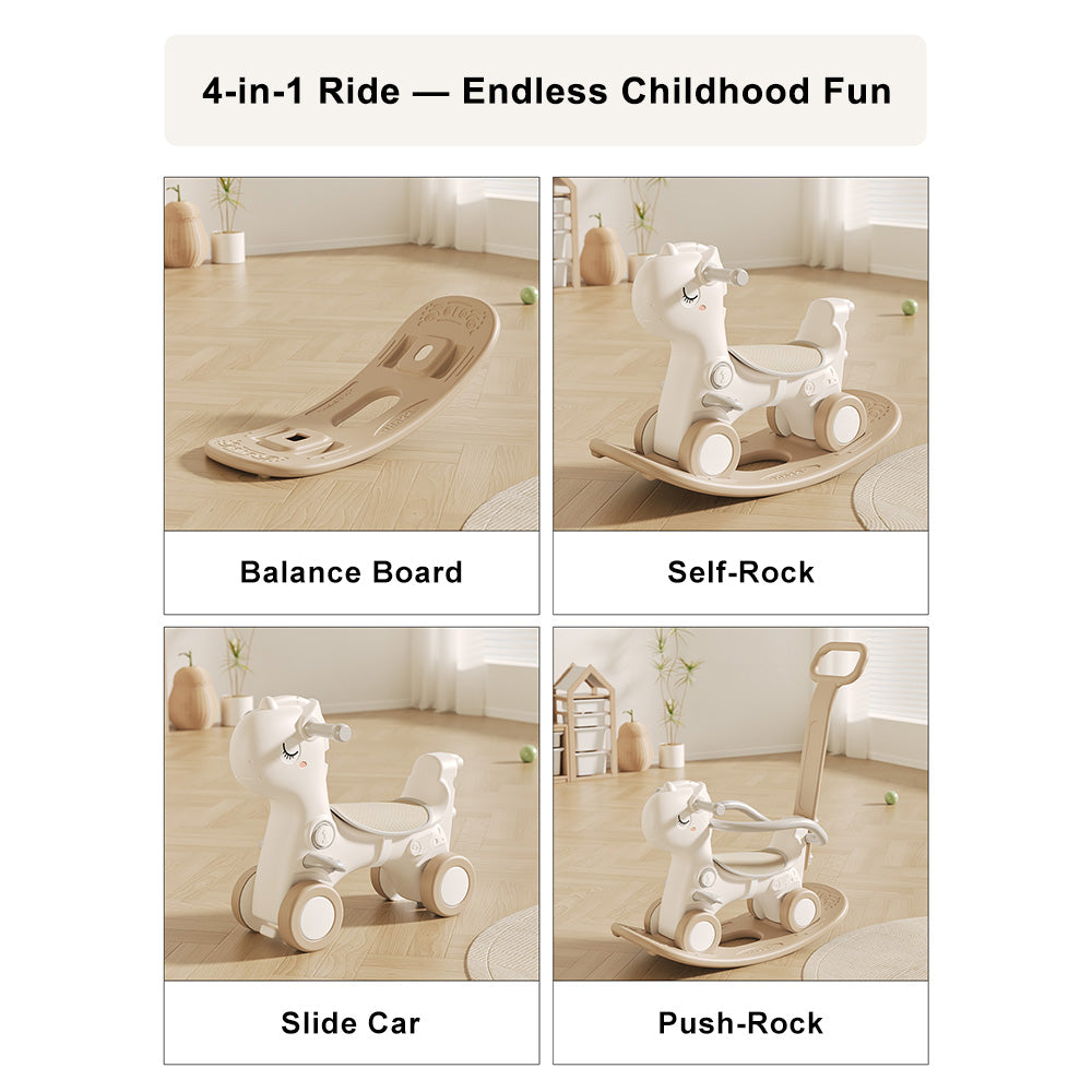 4-in-1 Baby Rocking Horse for Toddlers 1-3 Years ¨C Ride-On Toy with Detachable Balance Board,Push Rod,Guardrails & 4 Smooth Wheels,HDPE Material,80 lbs Weight Capacity with Sound Brown