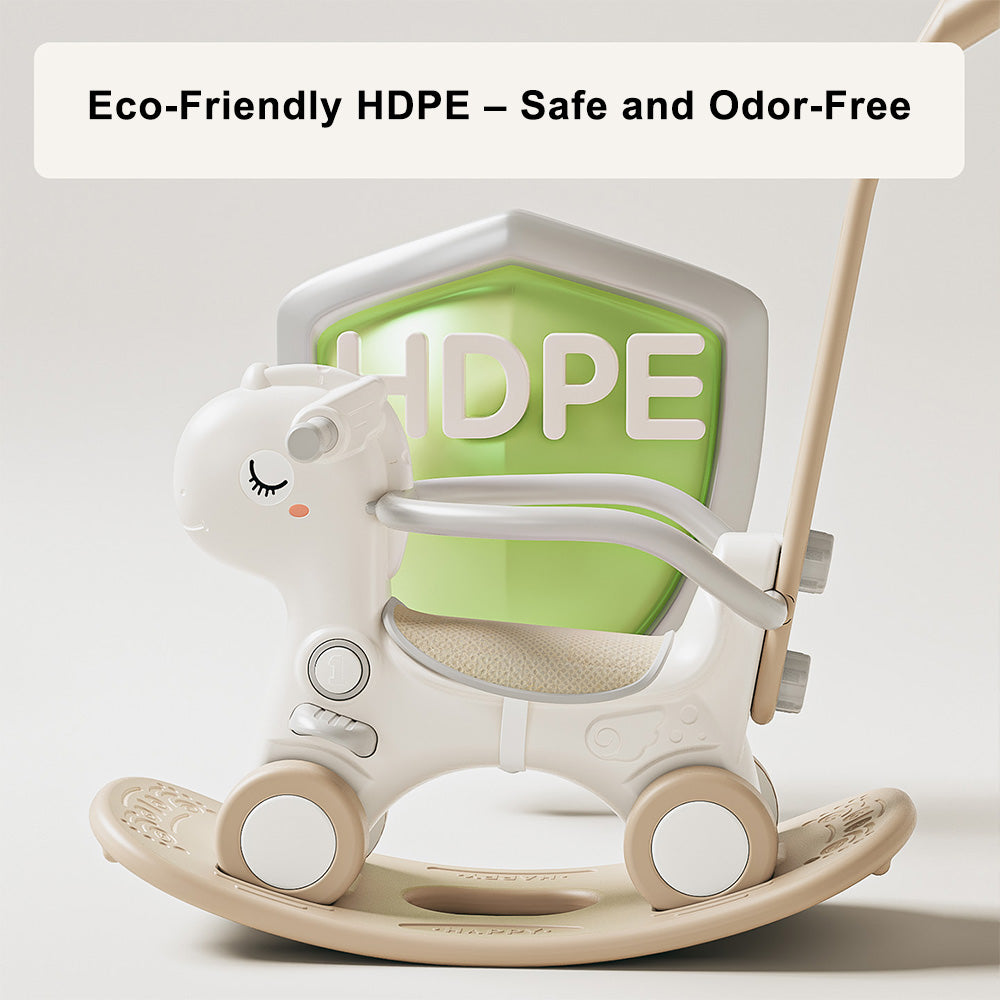 4-in-1 Baby Rocking Horse for Toddlers 1-3 Years ¨C Ride-On Toy with Detachable Balance Board,Push Rod,Guardrails & 4 Smooth Wheels,HDPE Material,80 lbs Weight Capacity with Sound Brown