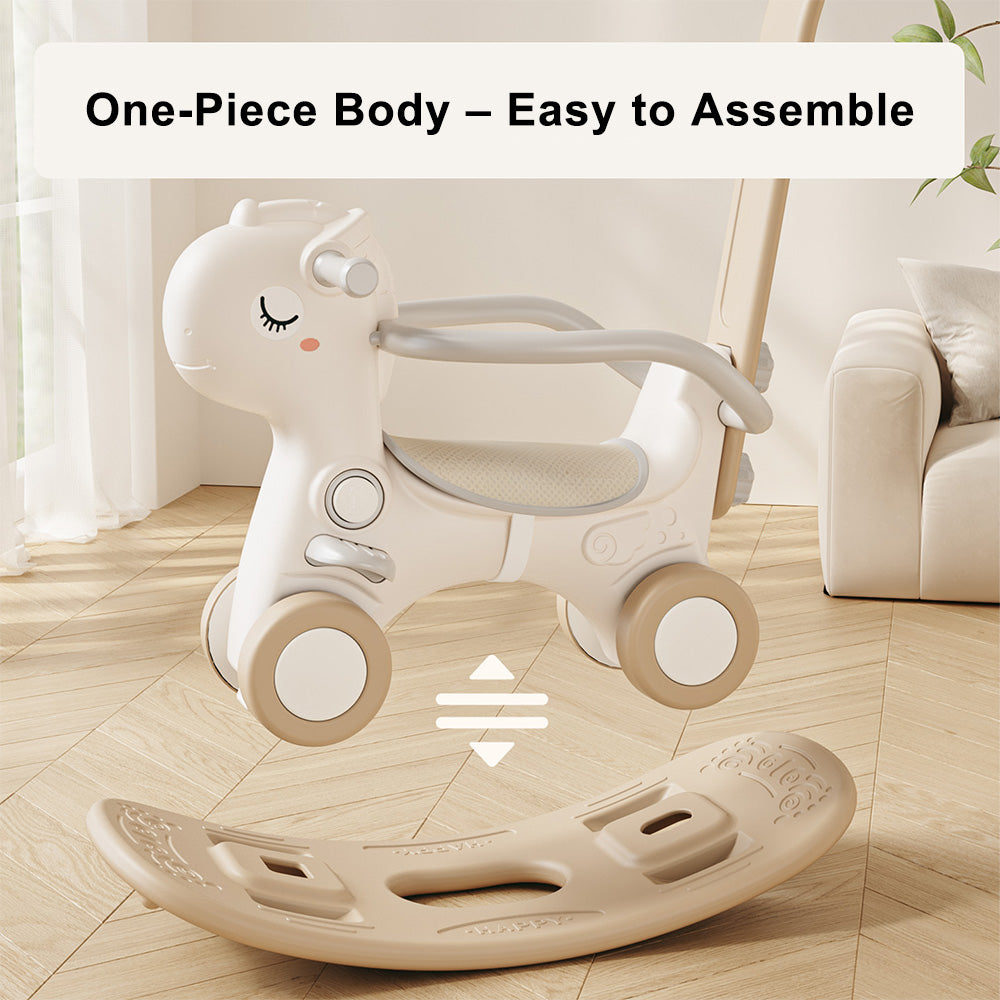 4-in-1 Baby Rocking Horse for Toddlers 1-3 Years ¨C Ride-On Toy with Detachable Balance Board,Push Rod,Guardrails & 4 Smooth Wheels,HDPE Material,80 lbs Weight Capacity with Sound Brown