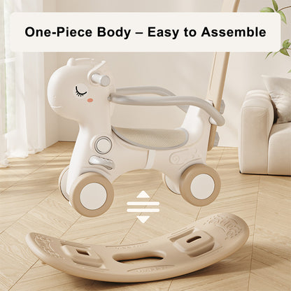 4-in-1 Baby Rocking Horse for Toddlers 1-3 Years ¨C Ride-On Toy with Detachable Balance Board,Push Rod,Guardrails & 4 Smooth Wheels,HDPE Material,80 lbs Weight Capacity with Sound Brown