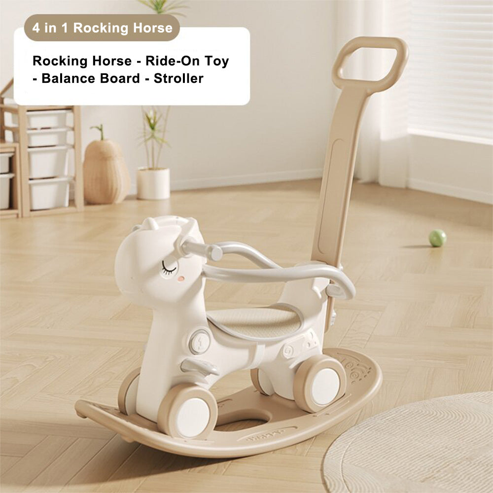 4-in-1 Baby Rocking Horse for Toddlers 1-3 Years ¨C Ride-On Toy with Detachable Balance Board,Push Rod,Guardrails & 4 Smooth Wheels,HDPE Material,80 lbs Weight Capacity with Sound Brown