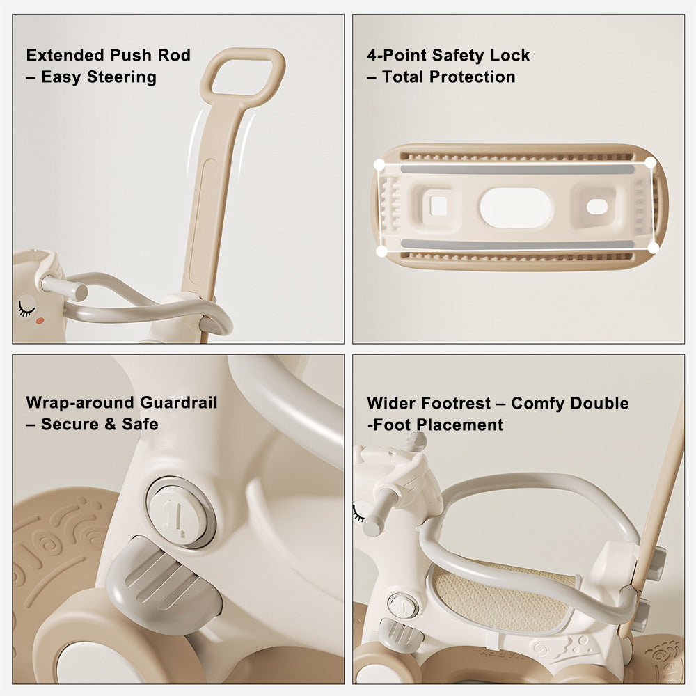 4-in-1 Baby Rocking Horse for Toddlers 1-3 Years ¨C Ride-On Toy with Detachable Balance Board,Push Rod,Guardrails & 4 Smooth Wheels,HDPE Material,80 lbs Weight Capacity with Sound Brown