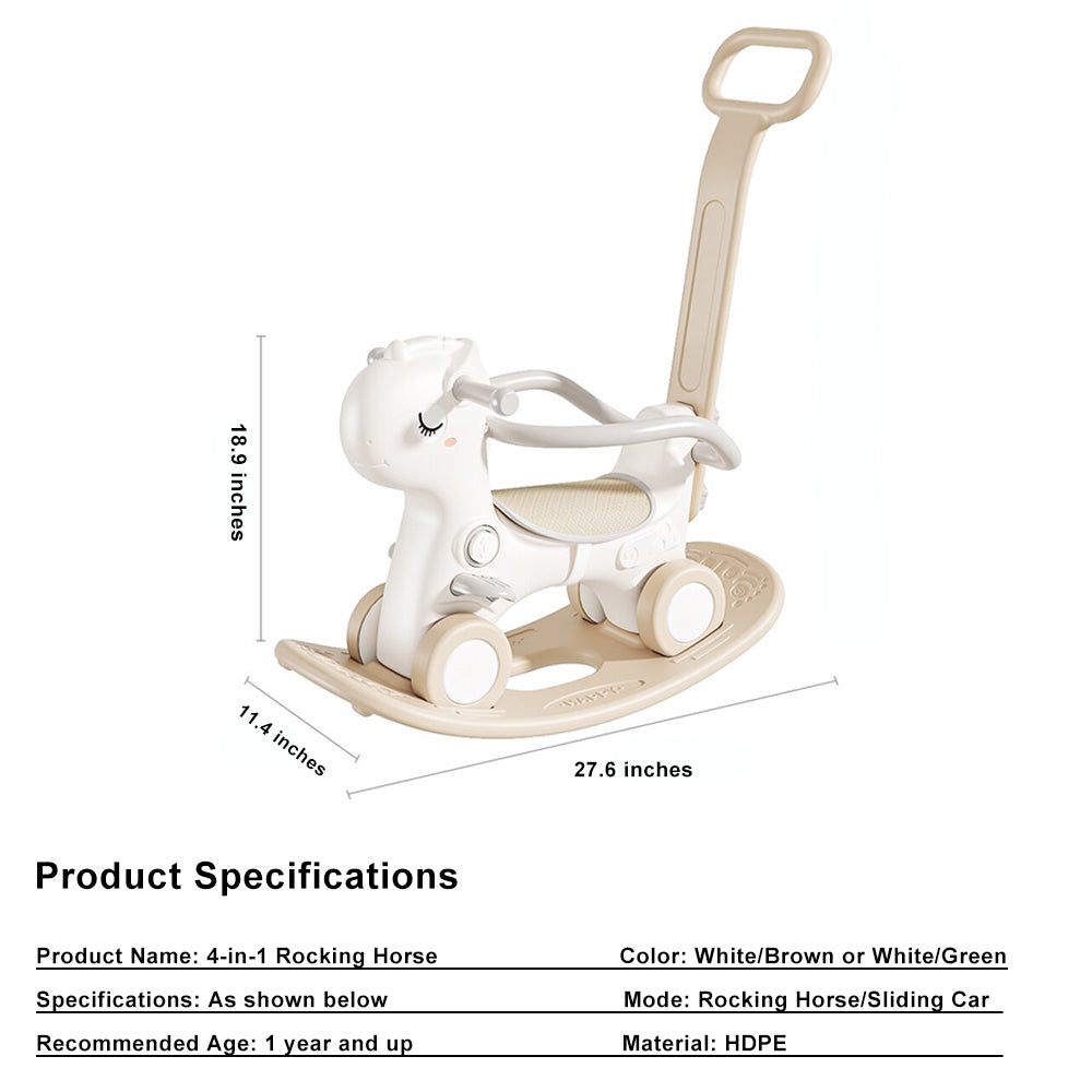 4-in-1 Baby Rocking Horse for Toddlers 1-3 Years ¨C Ride-On Toy with Detachable Balance Board,Push Rod,Guardrails & 4 Smooth Wheels,HDPE Material,80 lbs Weight Capacity with Sound Brown