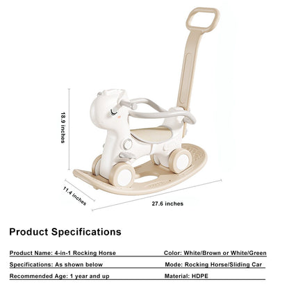 4-in-1 Baby Rocking Horse for Toddlers 1-3 Years ¨C Ride-On Toy with Detachable Balance Board,Push Rod,Guardrails & 4 Smooth Wheels,HDPE Material,80 lbs Weight Capacity with Sound Brown