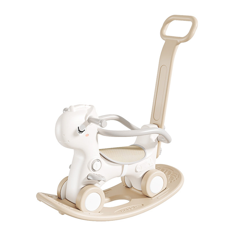 4-in-1 Baby Rocking Horse for Toddlers 1-3 Years ¨C Ride-On Toy with Detachable Balance Board,Push Rod,Guardrails & 4 Smooth Wheels,HDPE Material,80 lbs Weight Capacity with Sound Brown
