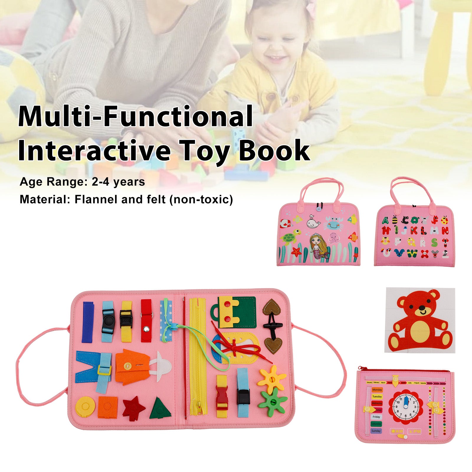 Montessori Activity Board for Toddlers Multi-Functional Interactive Toy Book—Zippers Ideal for Quiet Play—Educational Gift for Children Aged 2-4