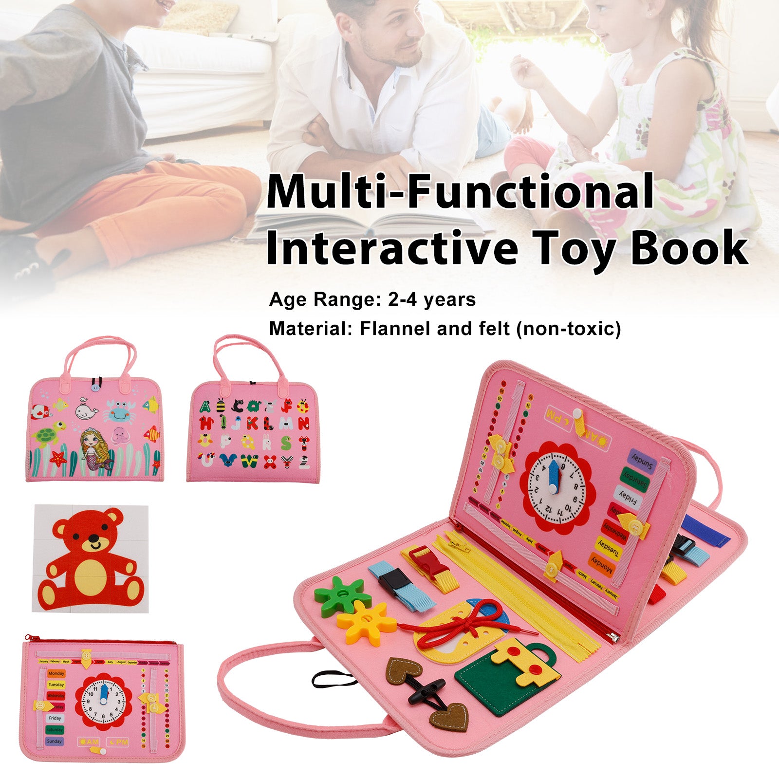 Montessori Activity Board for Toddlers Multi-Functional Interactive Toy Book—Zippers Ideal for Quiet Play—Educational Gift for Children Aged 2-4