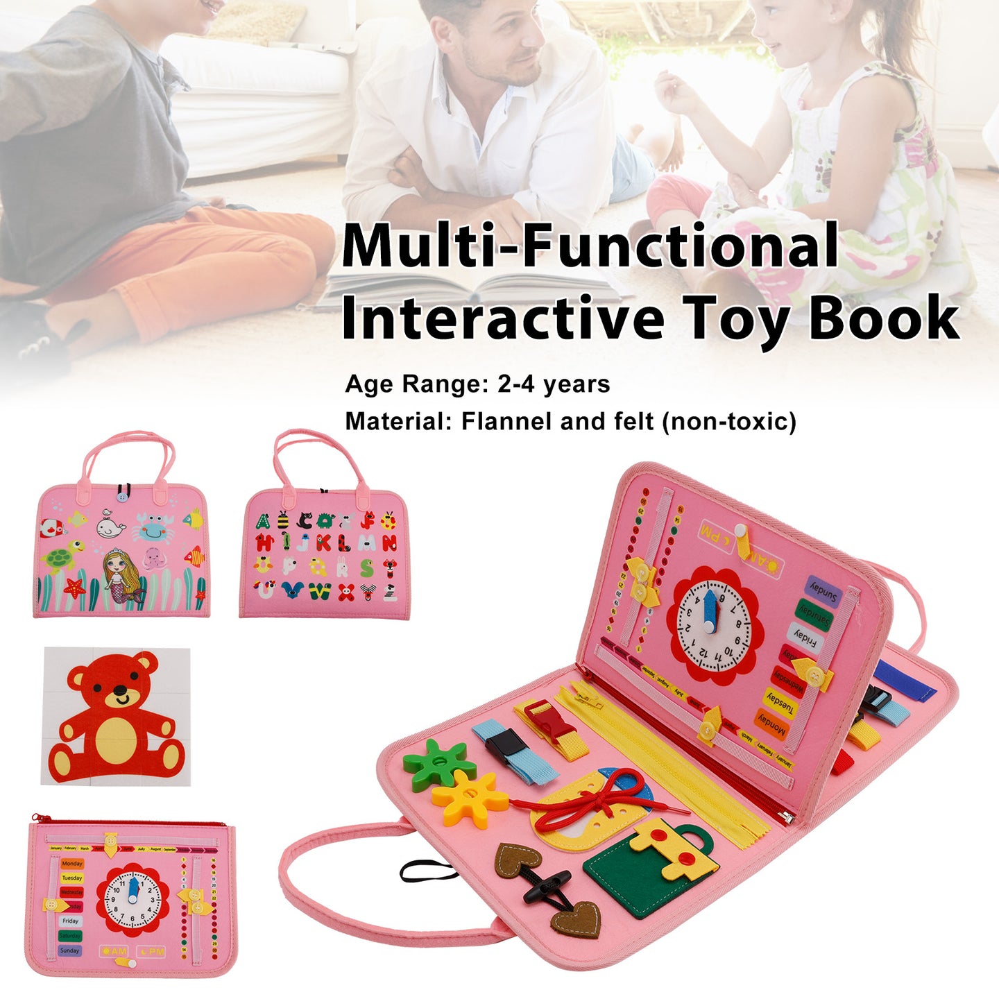 Montessori Activity Board for Toddlers Multi-Functional Interactive Toy Book—Zippers Ideal for Quiet Play—Educational Gift for Children Aged 2-4