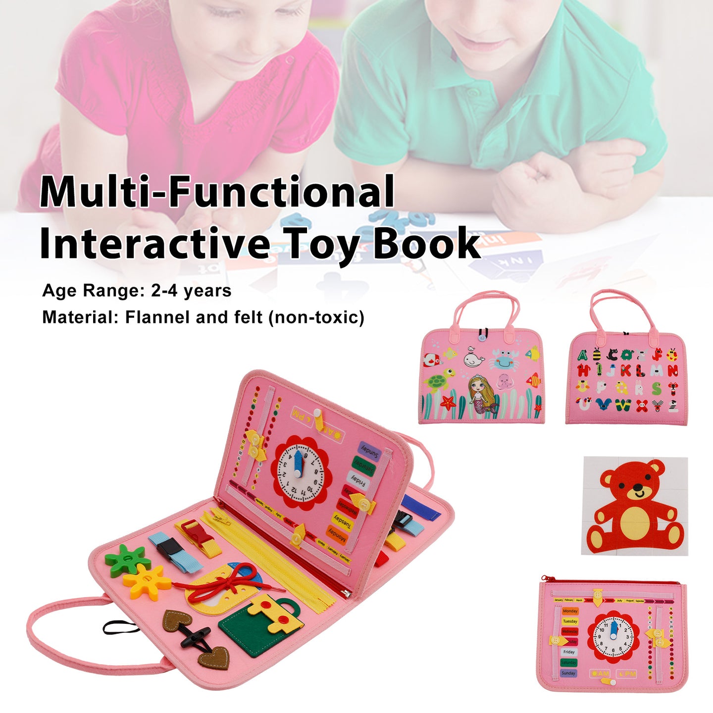 Montessori Activity Board for Toddlers Multi-Functional Interactive Toy Book—Zippers Ideal for Quiet Play—Educational Gift for Children Aged 2-4