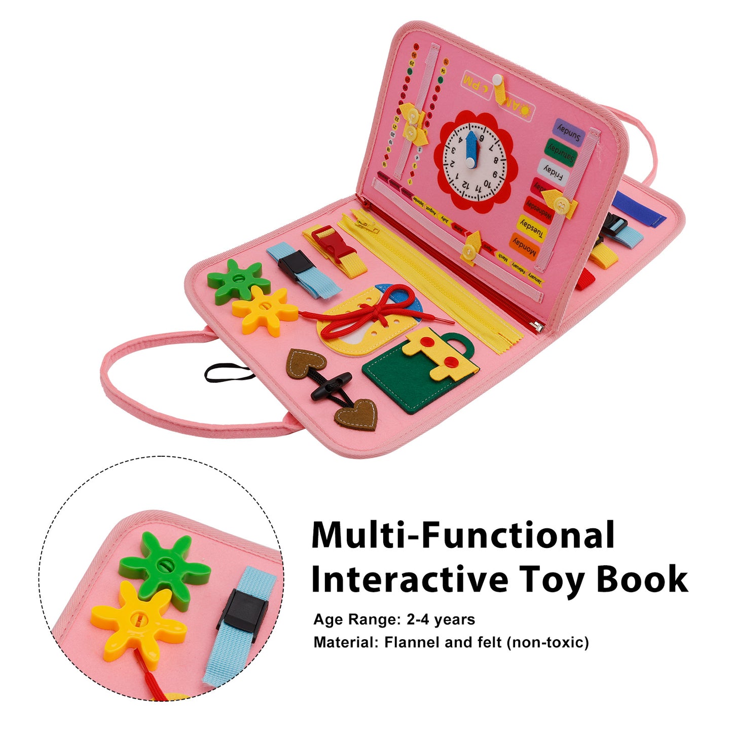 Montessori Activity Board for Toddlers Multi-Functional Interactive Toy Book—Zippers Ideal for Quiet Play—Educational Gift for Children Aged 2-4