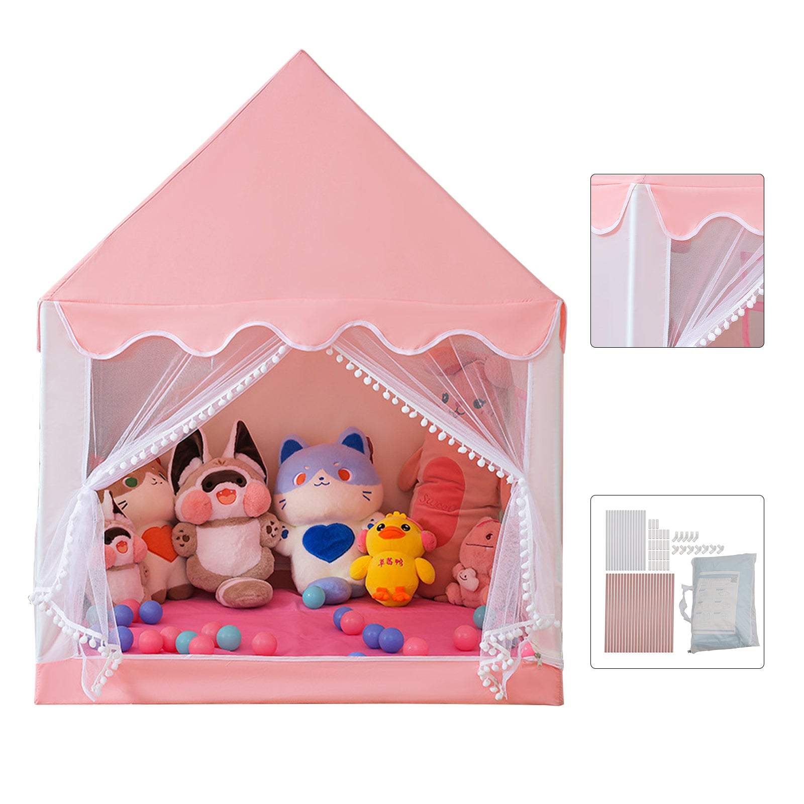 Kids Indoor Play Tent for Boys & Girls,Assembly Tent with Metal Frame,Mesh Window,Optional Star Lights & Mat,Portable Children's Playhouse with Carry Bag Pink