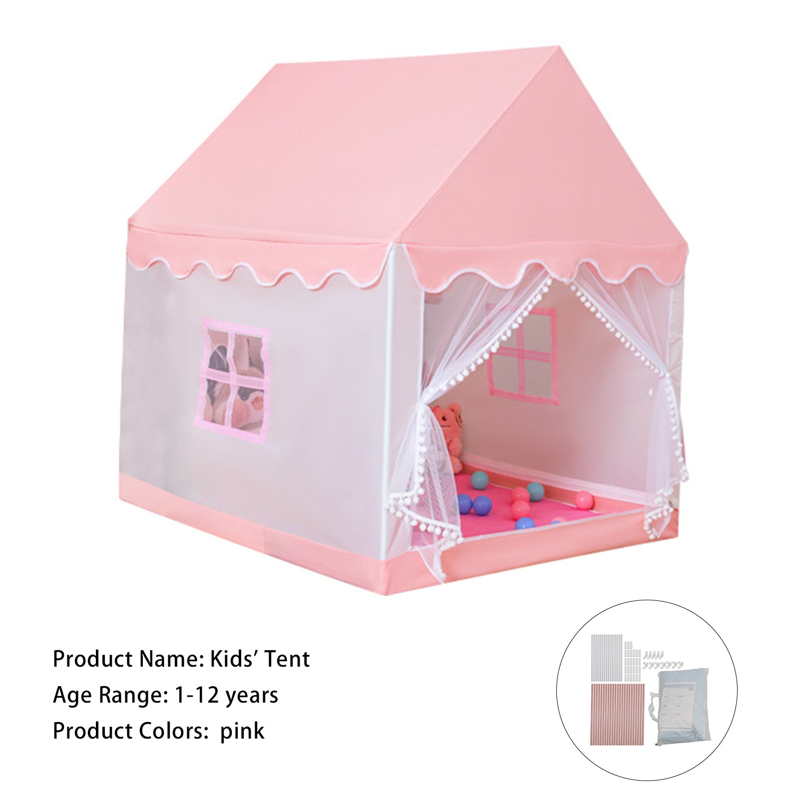 Kids Indoor Play Tent for Boys & Girls,Assembly Tent with Metal Frame,Mesh Window,Optional Star Lights & Mat,Portable Children's Playhouse with Carry Bag Pink
