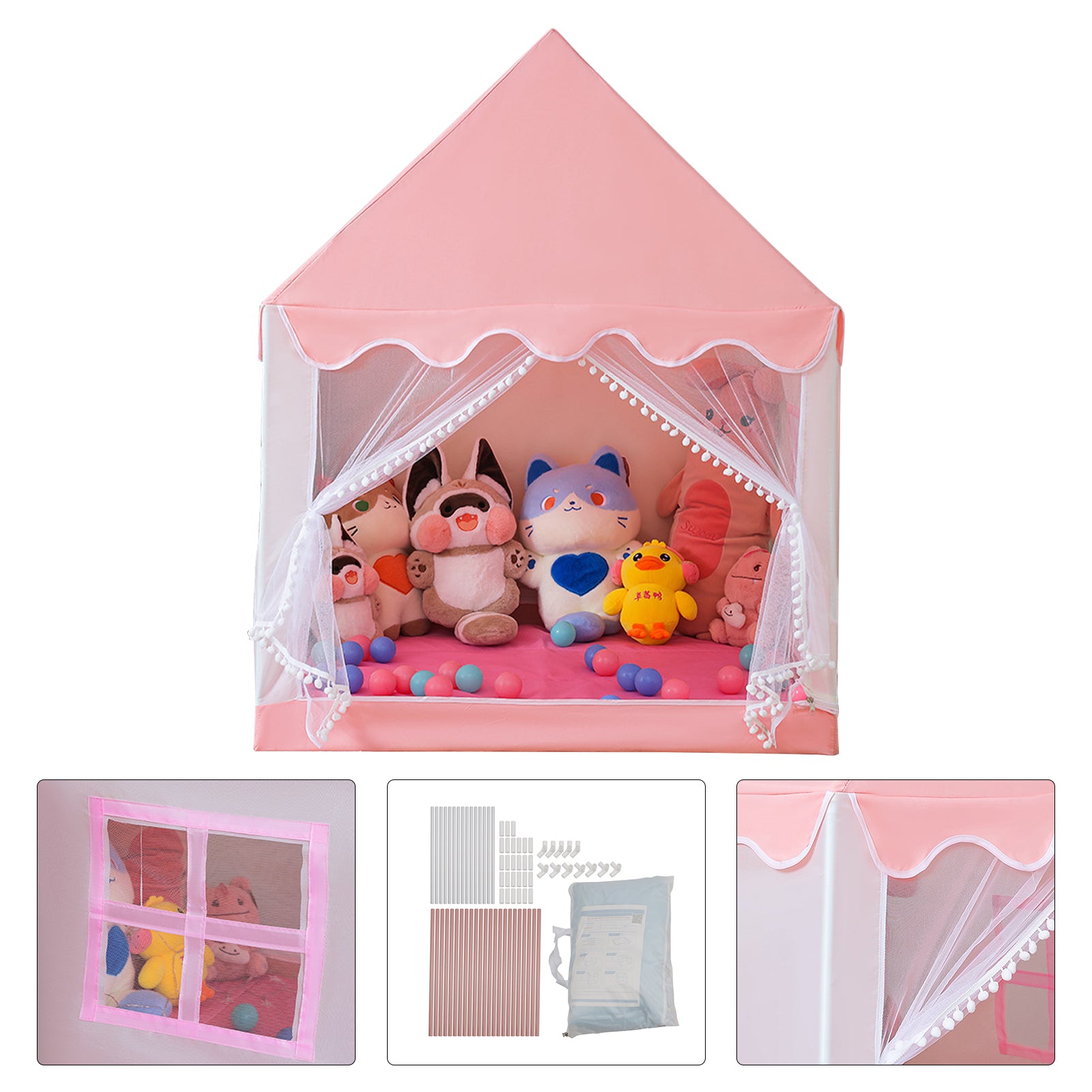 Kids Indoor Play Tent for Boys & Girls,Assembly Tent with Metal Frame,Mesh Window,Optional Star Lights & Mat,Portable Children's Playhouse with Carry Bag Pink