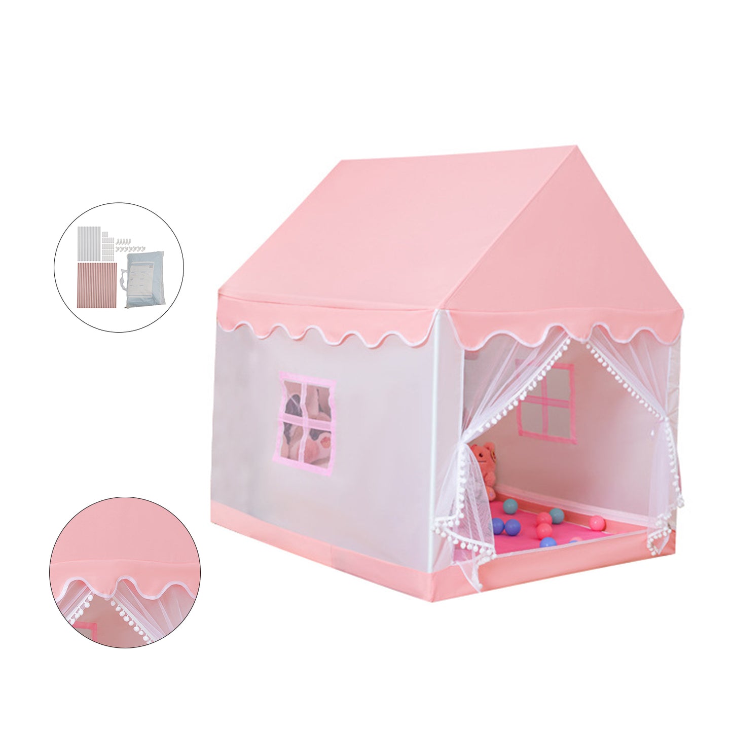 Kids Indoor Play Tent for Boys & Girls,Assembly Tent with Metal Frame,Mesh Window,Optional Star Lights & Mat,Portable Children's Playhouse with Carry Bag Pink