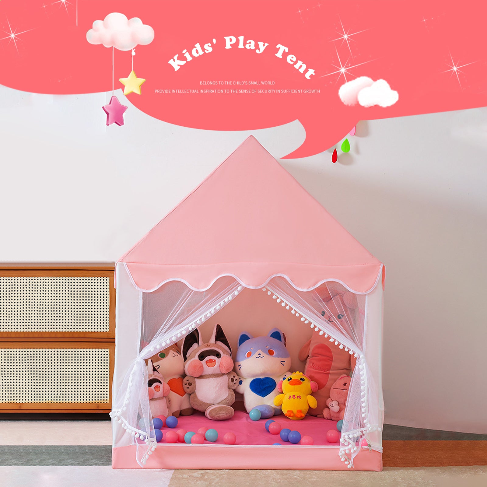 Kids Indoor Play Tent for Boys & Girls,Assembly Tent with Metal Frame,Mesh Window,Optional Star Lights & Mat,Portable Children's Playhouse with Carry Bag Pink