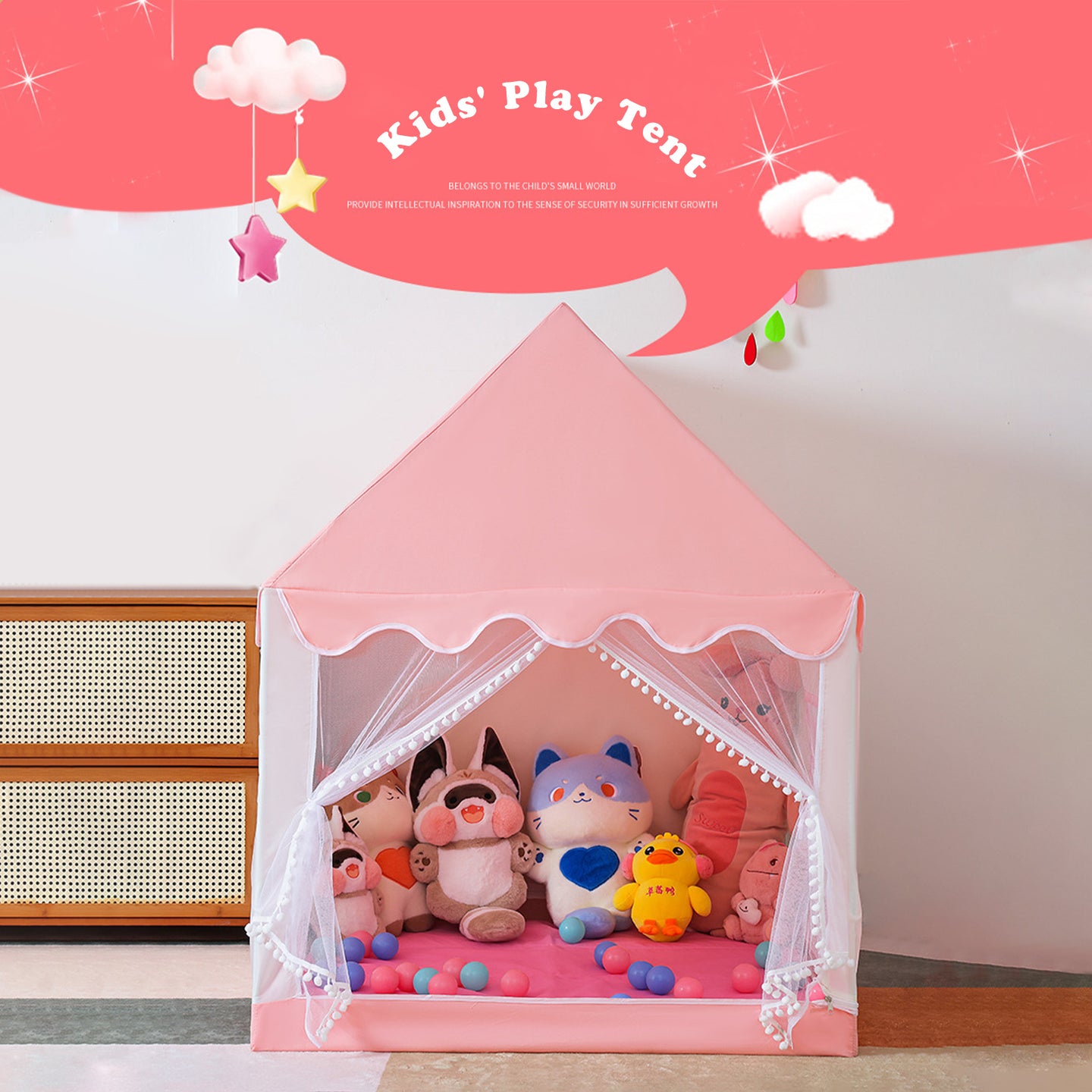 Kids Indoor Play Tent for Boys & Girls,Assembly Tent with Metal Frame,Mesh Window,Optional Star Lights & Mat,Portable Children's Playhouse with Carry Bag Pink