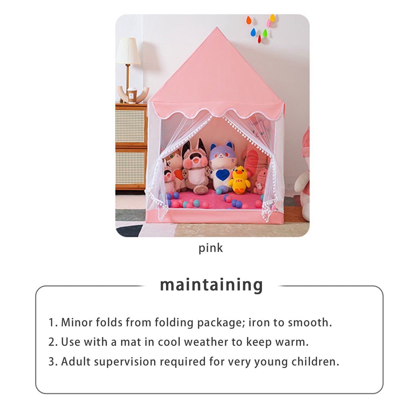 Kids Indoor Play Tent for Boys & Girls,Assembly Tent with Metal Frame,Mesh Window,Optional Star Lights & Mat,Portable Children's Playhouse with Carry Bag Pink