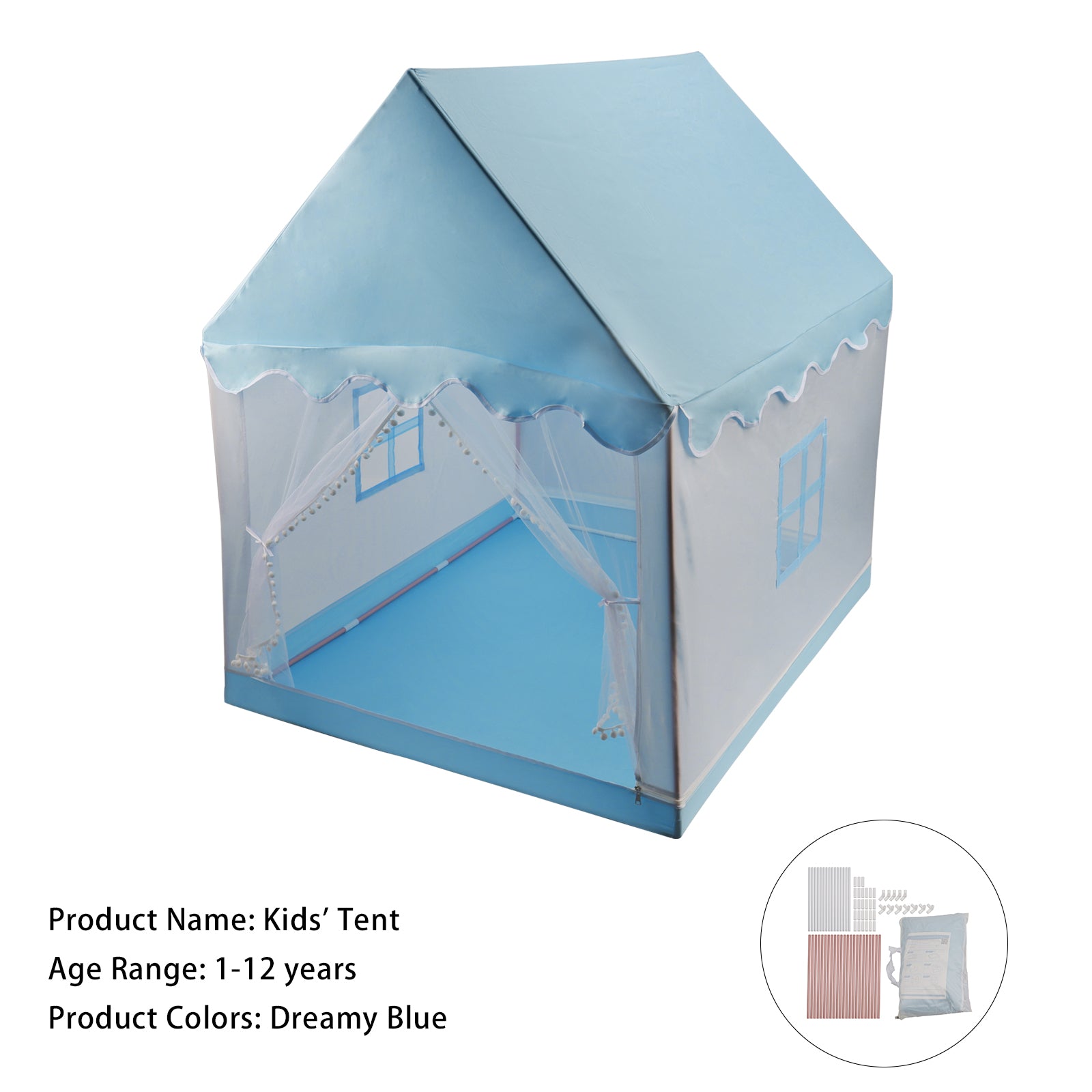 Kids Indoor Play Tent for Boys & Girls,Assembly Tent with Metal Frame,Mesh Window,Optional Star Lights & Mat,Portable Children's Playhouse with Carry Bag  Blue