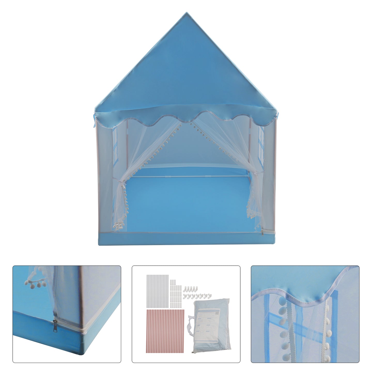Kids Indoor Play Tent for Boys & Girls,Assembly Tent with Metal Frame,Mesh Window,Optional Star Lights & Mat,Portable Children's Playhouse with Carry Bag  Blue