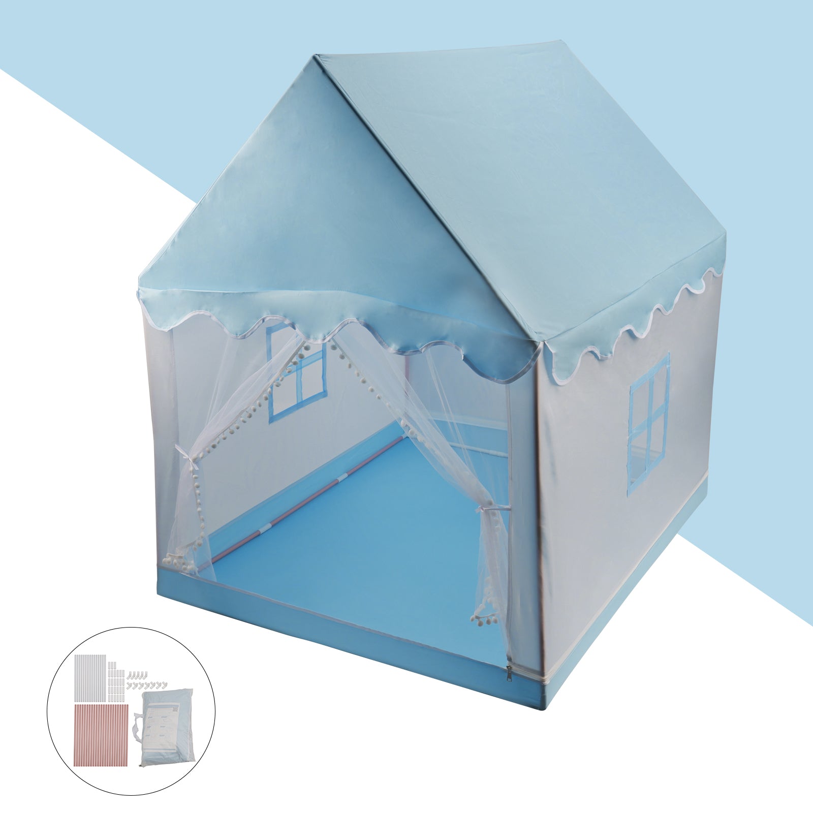 Kids Indoor Play Tent for Boys & Girls,Assembly Tent with Metal Frame,Mesh Window,Optional Star Lights & Mat,Portable Children's Playhouse with Carry Bag  Blue