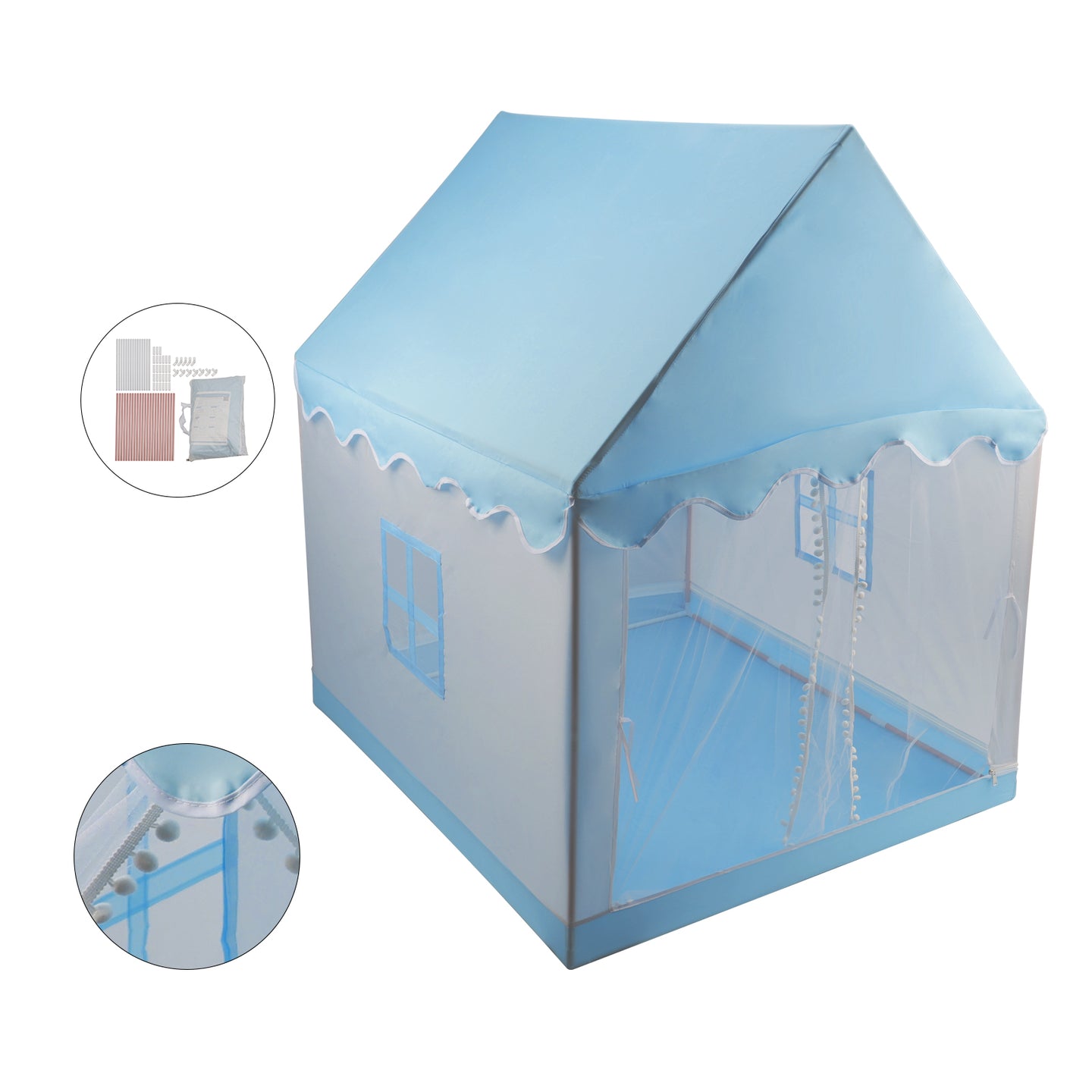 Kids Indoor Play Tent for Boys & Girls,Assembly Tent with Metal Frame,Mesh Window,Optional Star Lights & Mat,Portable Children's Playhouse with Carry Bag  Blue