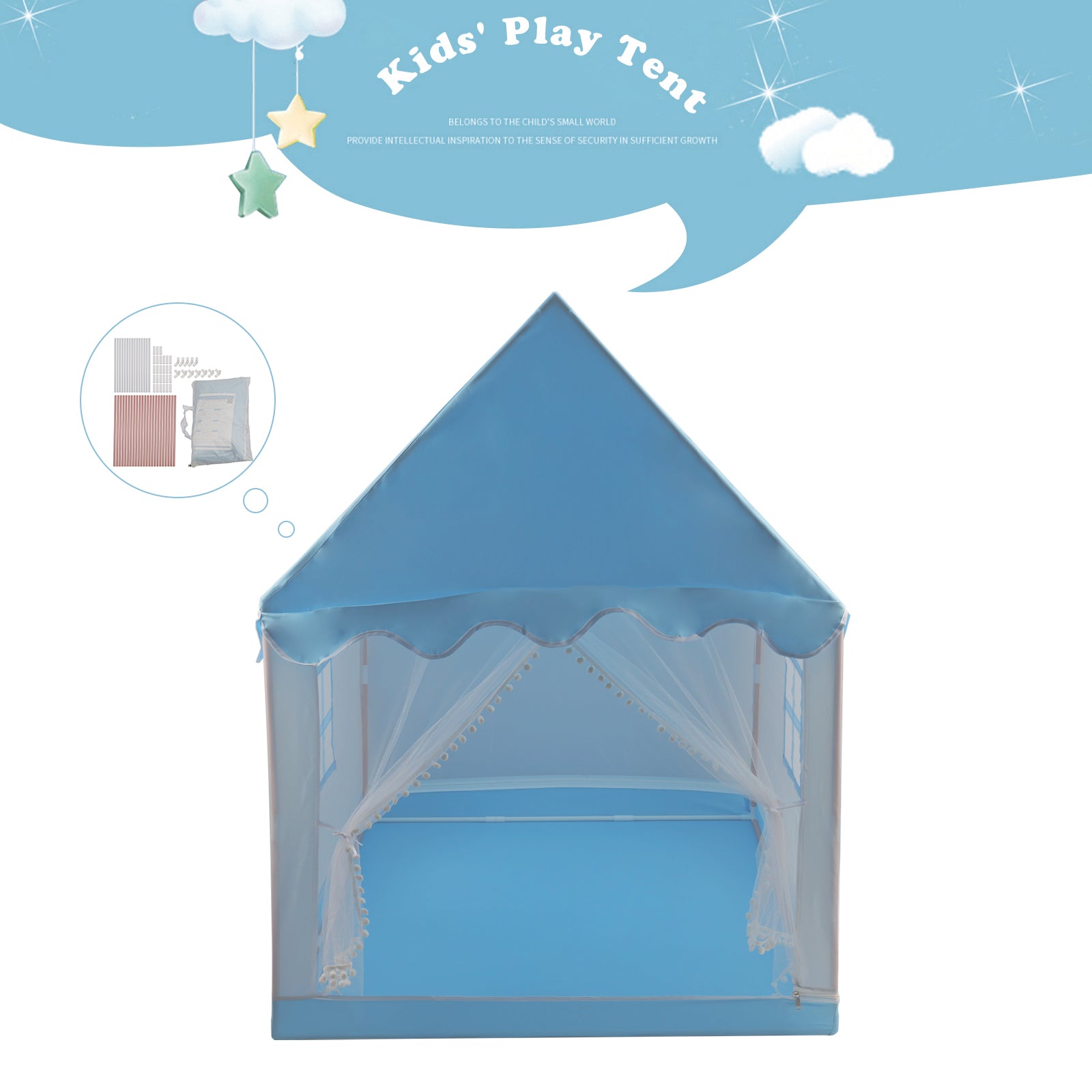 Kids Indoor Play Tent for Boys & Girls,Assembly Tent with Metal Frame,Mesh Window,Optional Star Lights & Mat,Portable Children's Playhouse with Carry Bag  Blue