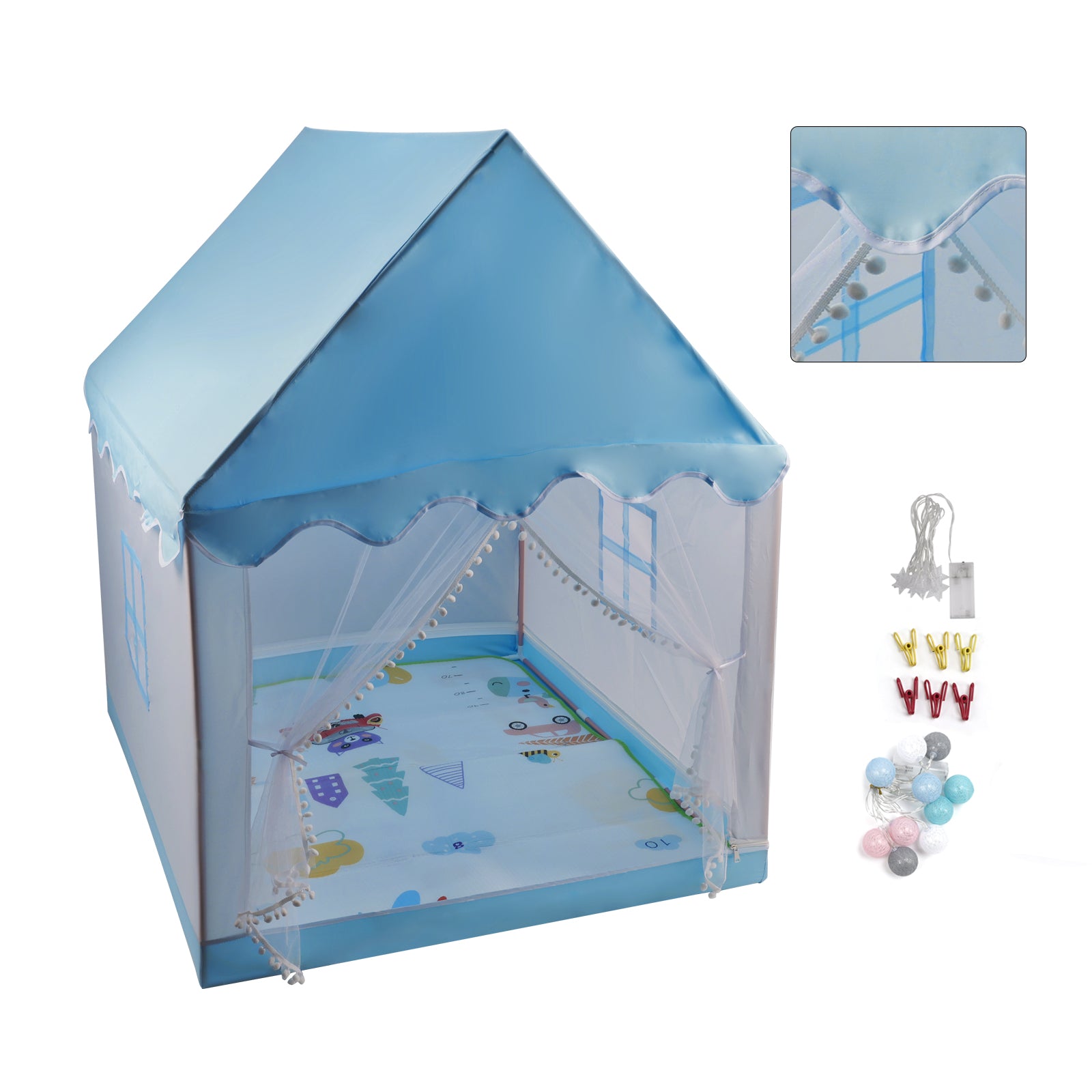 Kids Indoor Play Tent for Boys & Girls,Assembly Tent with Metal Frame,Mesh Window,Optional Star Lights & Mat,Portable Children's Playhouse with Carry Bag Blue