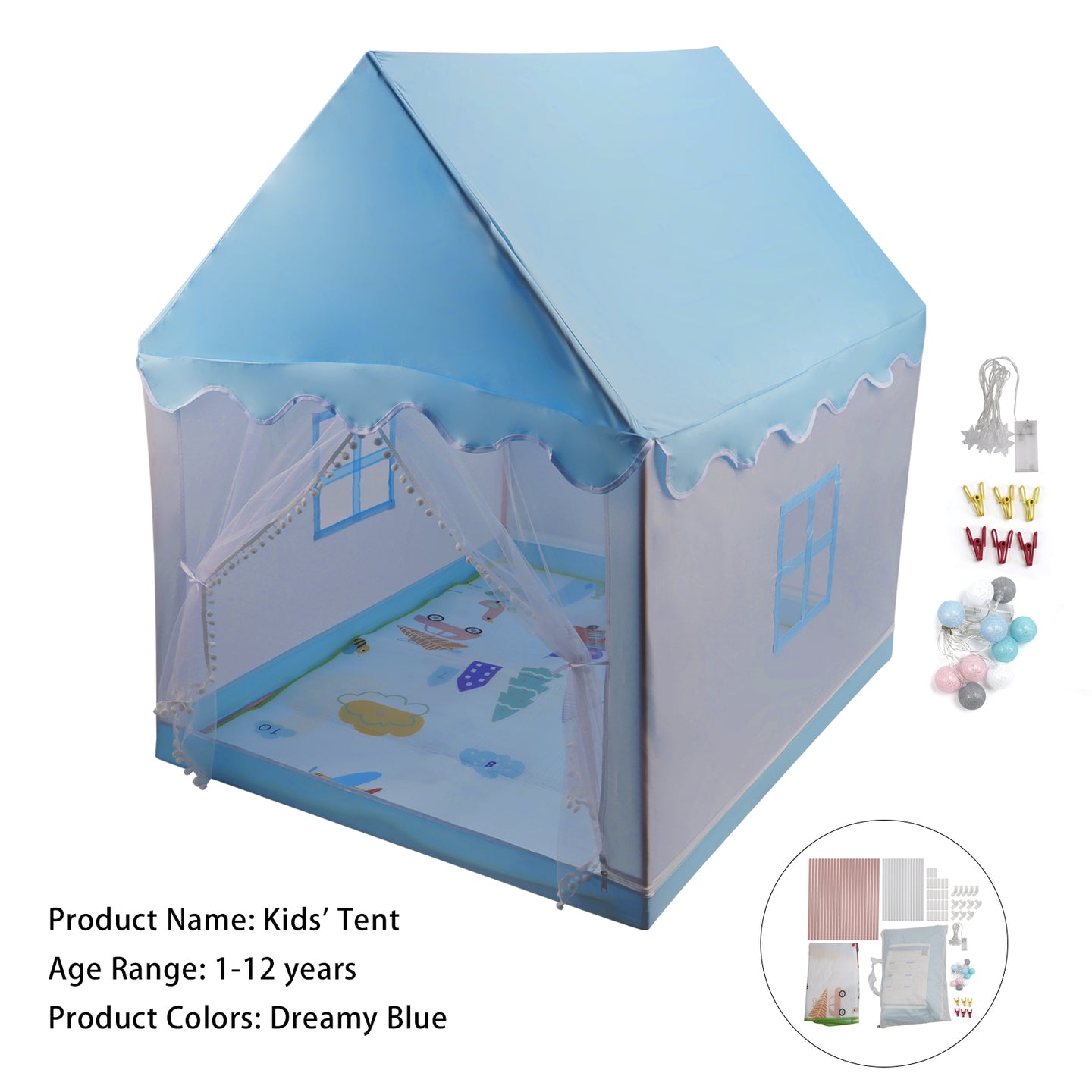 Kids Indoor Play Tent for Boys & Girls,Assembly Tent with Metal Frame,Mesh Window,Optional Star Lights & Mat,Portable Children's Playhouse with Carry Bag Blue