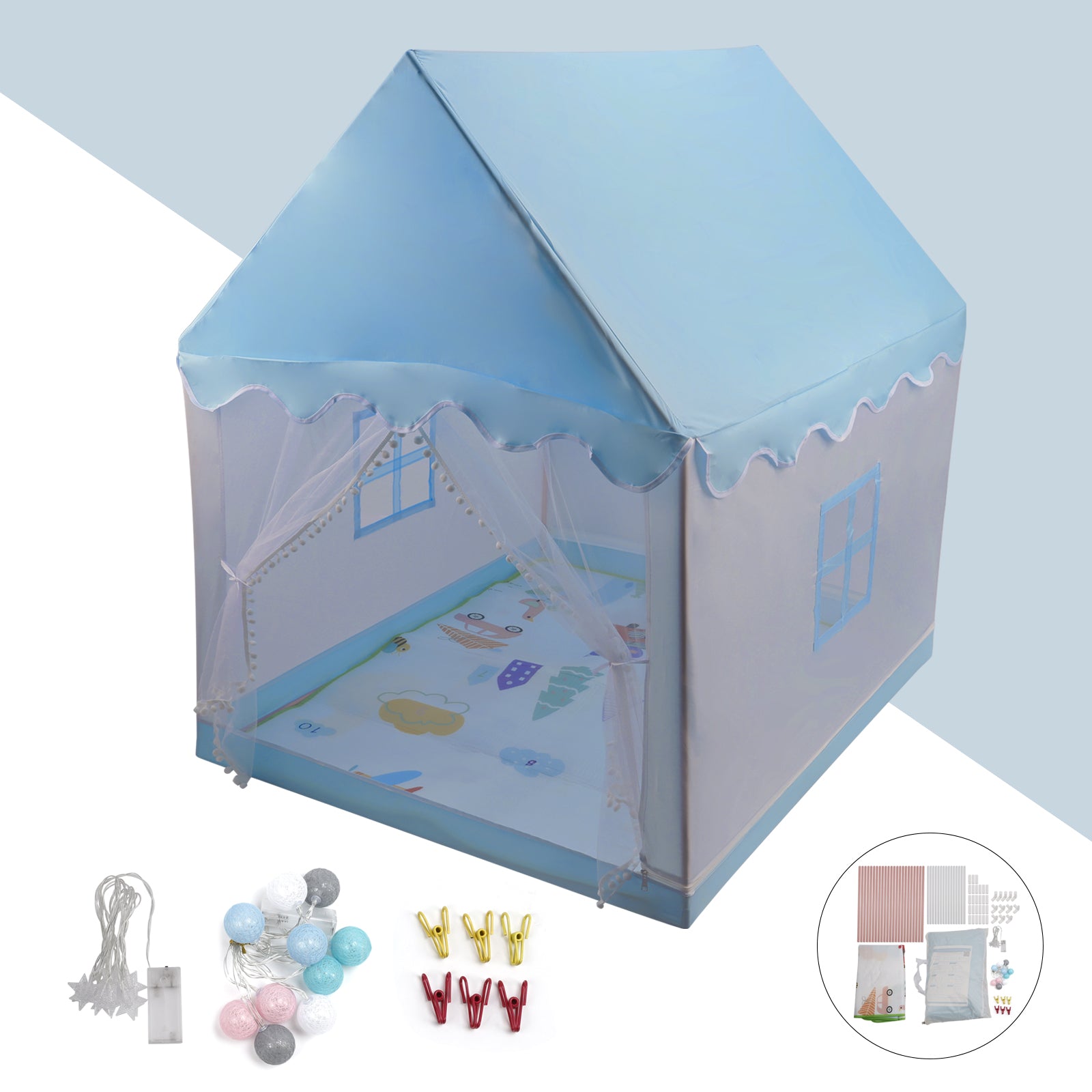 Kids Indoor Play Tent for Boys & Girls,Assembly Tent with Metal Frame,Mesh Window,Optional Star Lights & Mat,Portable Children's Playhouse with Carry Bag Blue