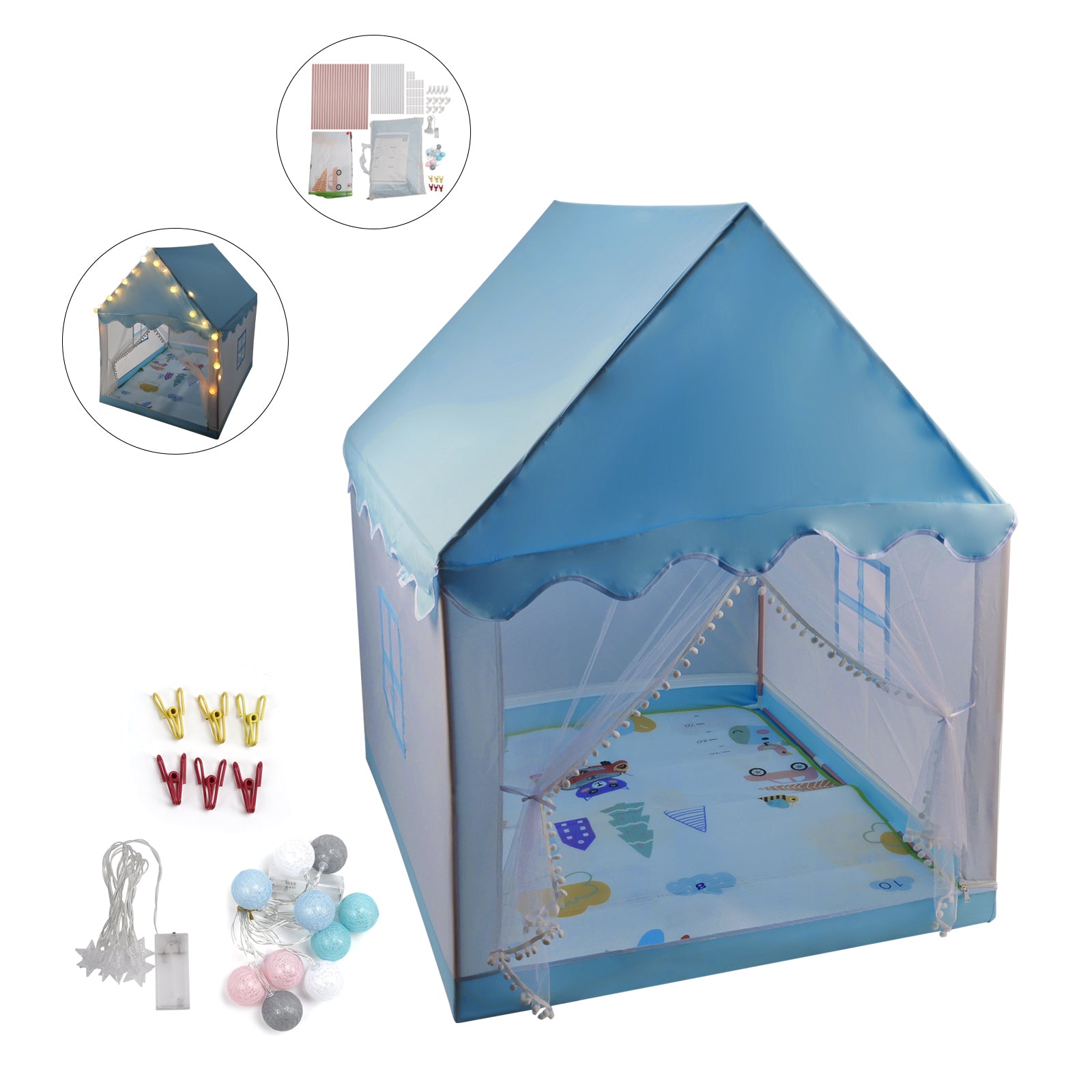 Kids Indoor Play Tent for Boys & Girls,Assembly Tent with Metal Frame,Mesh Window,Optional Star Lights & Mat,Portable Children's Playhouse with Carry Bag Blue
