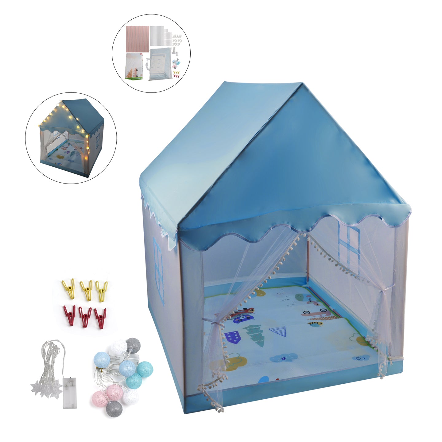 Kids Indoor Play Tent for Boys & Girls,Assembly Tent with Metal Frame,Mesh Window,Optional Star Lights & Mat,Portable Children's Playhouse with Carry Bag Blue