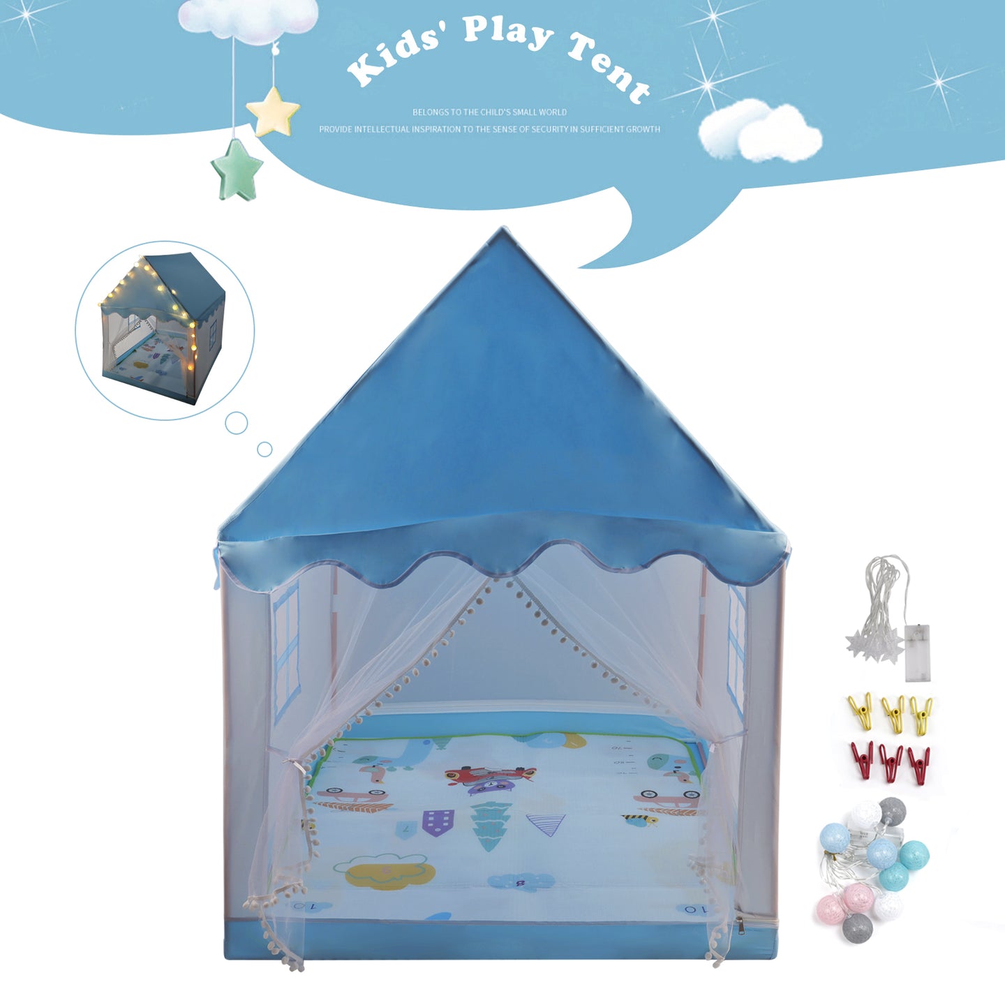 Kids Indoor Play Tent for Boys & Girls,Assembly Tent with Metal Frame,Mesh Window,Optional Star Lights & Mat,Portable Children's Playhouse with Carry Bag Blue